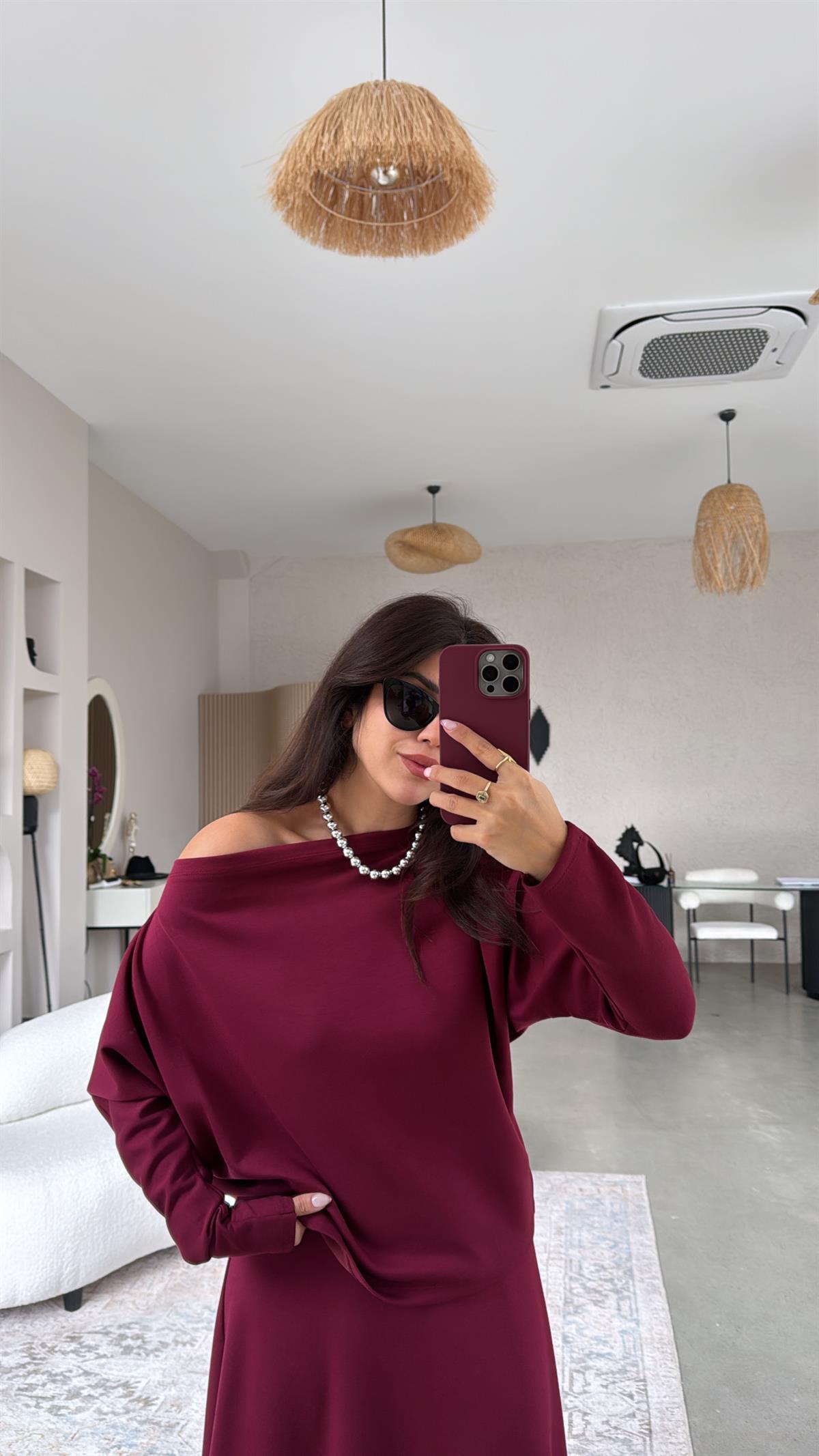 Bordo Kayık Yaka Modal Kumaş Etek Bluz Takım