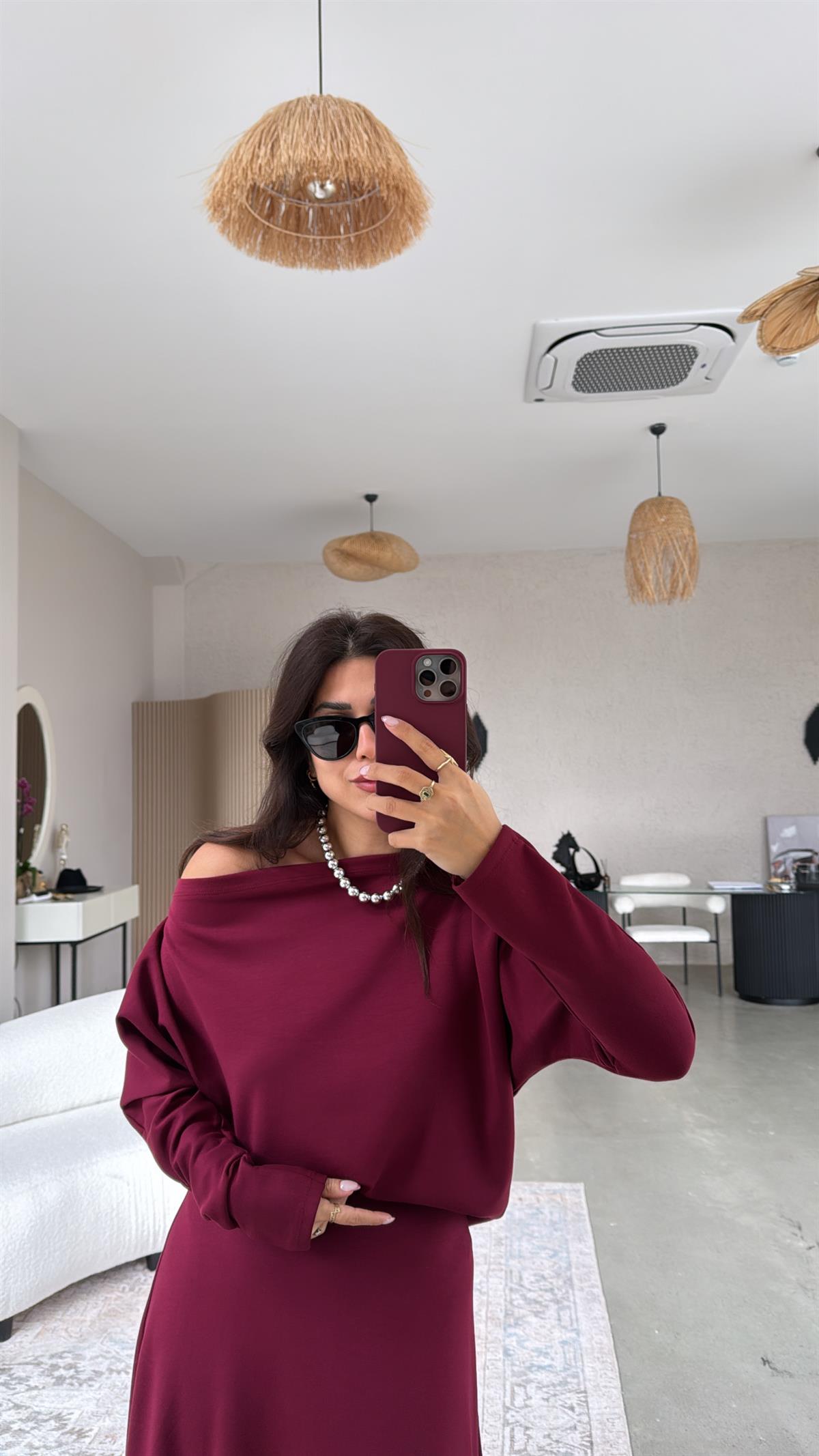 Bordo Kayık Yaka Modal Kumaş Etek Bluz Takım