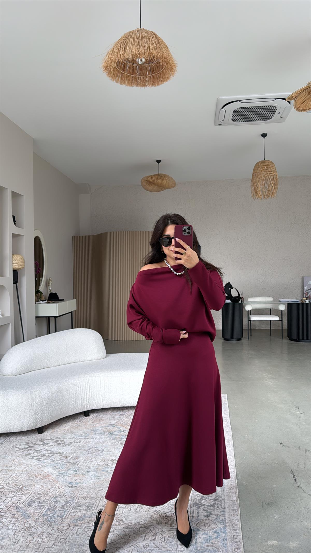 Bordo Kayık Yaka Modal Kumaş Etek Bluz Takım