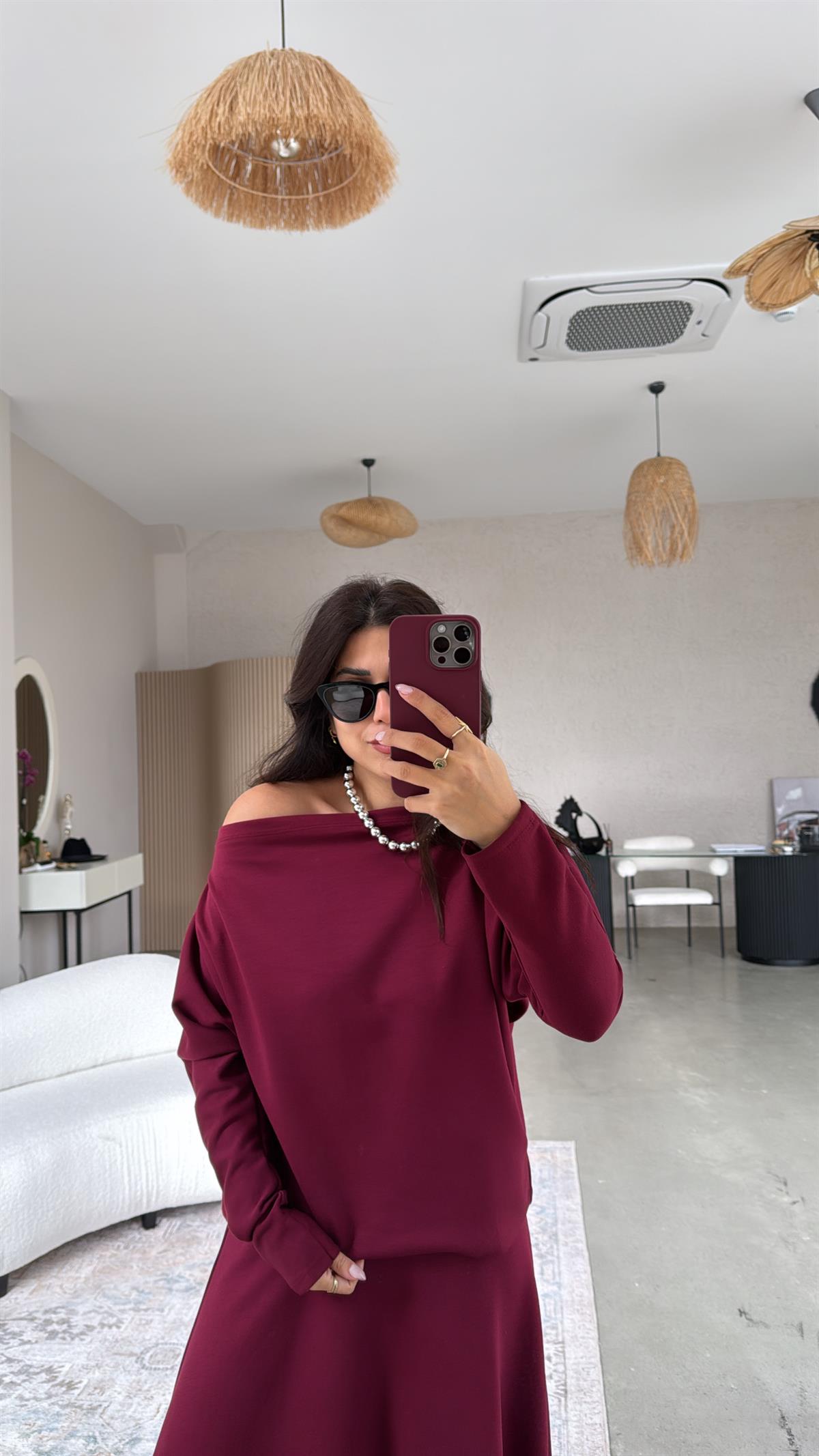 Bordo Kayık Yaka Modal Kumaş Etek Bluz Takım