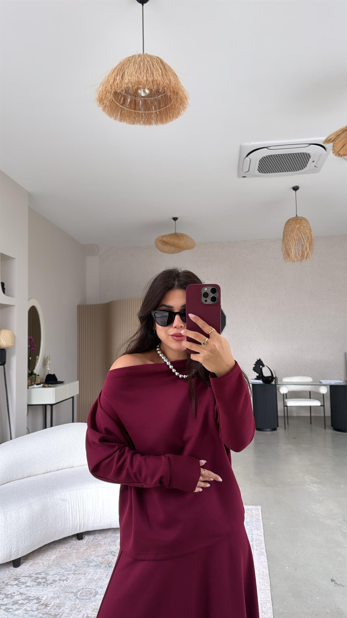 Bordo Kayık Yaka Modal Kumaş Etek Bluz Takım