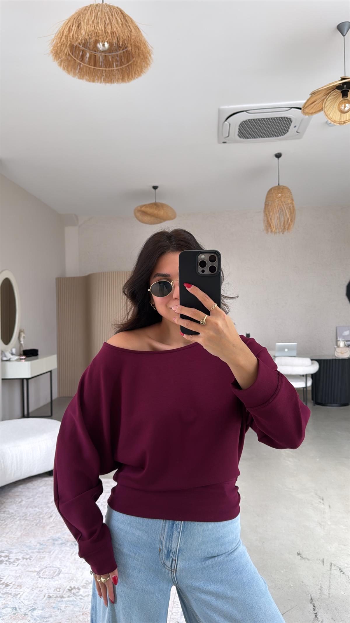 Bordo Kayık Yaka Modal Sweat Bluz