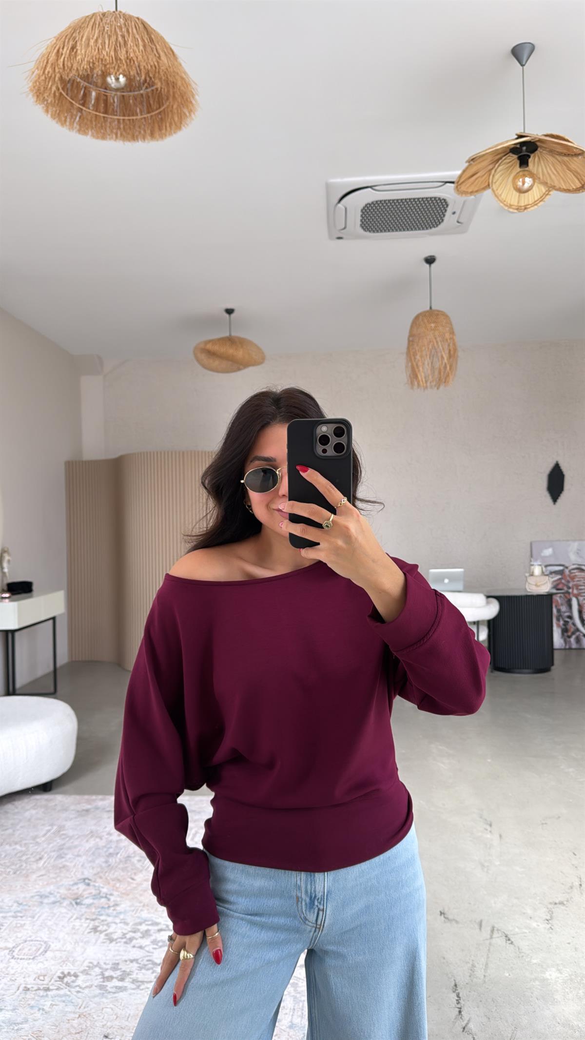 Bordo Kayık Yaka Modal Sweat Bluz