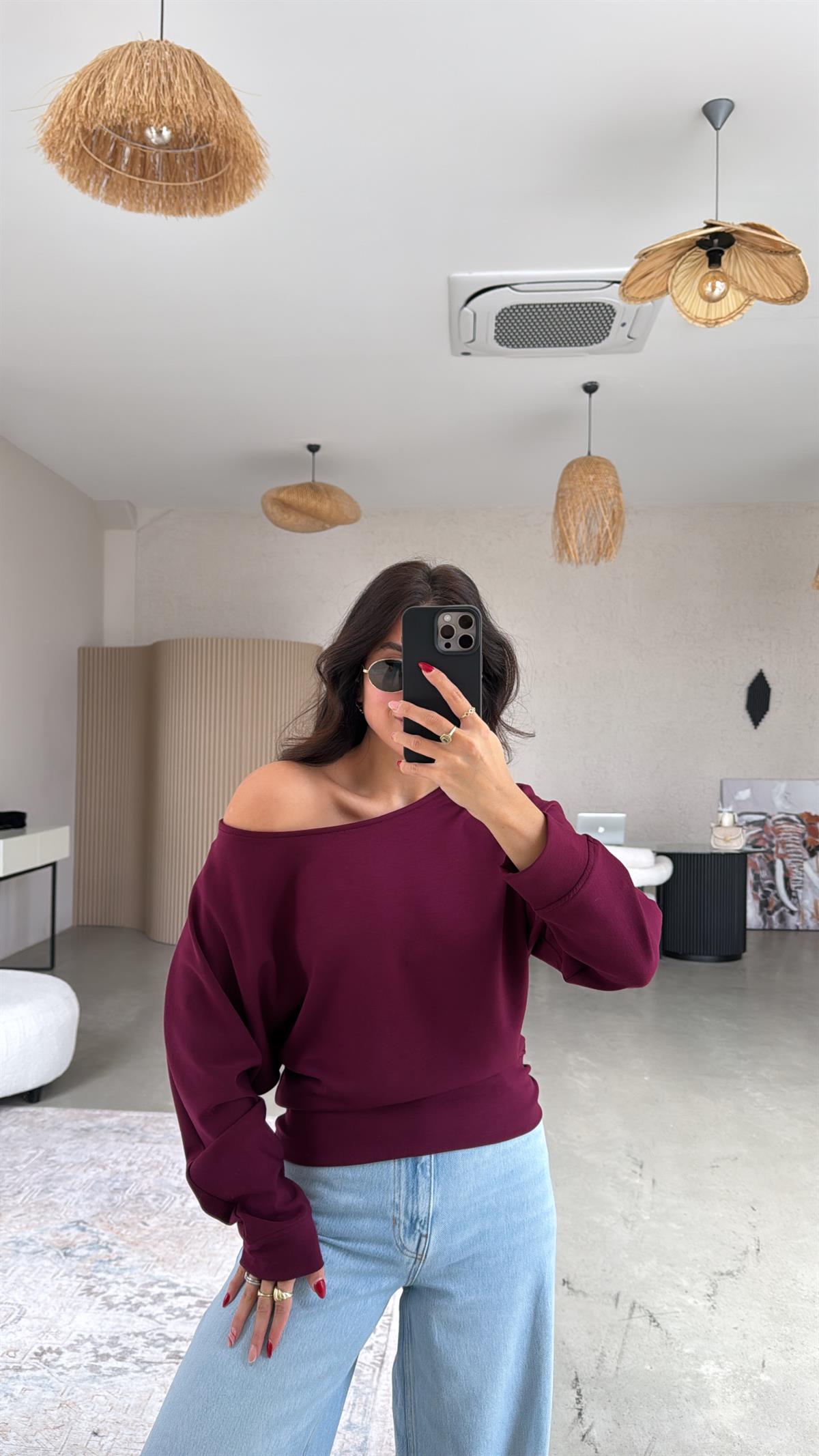 Bordo Kayık Yaka Modal Sweat Bluz