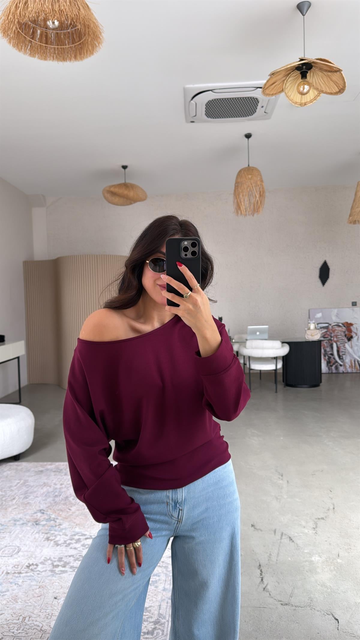 Bordo Kayık Yaka Modal Sweat Bluz