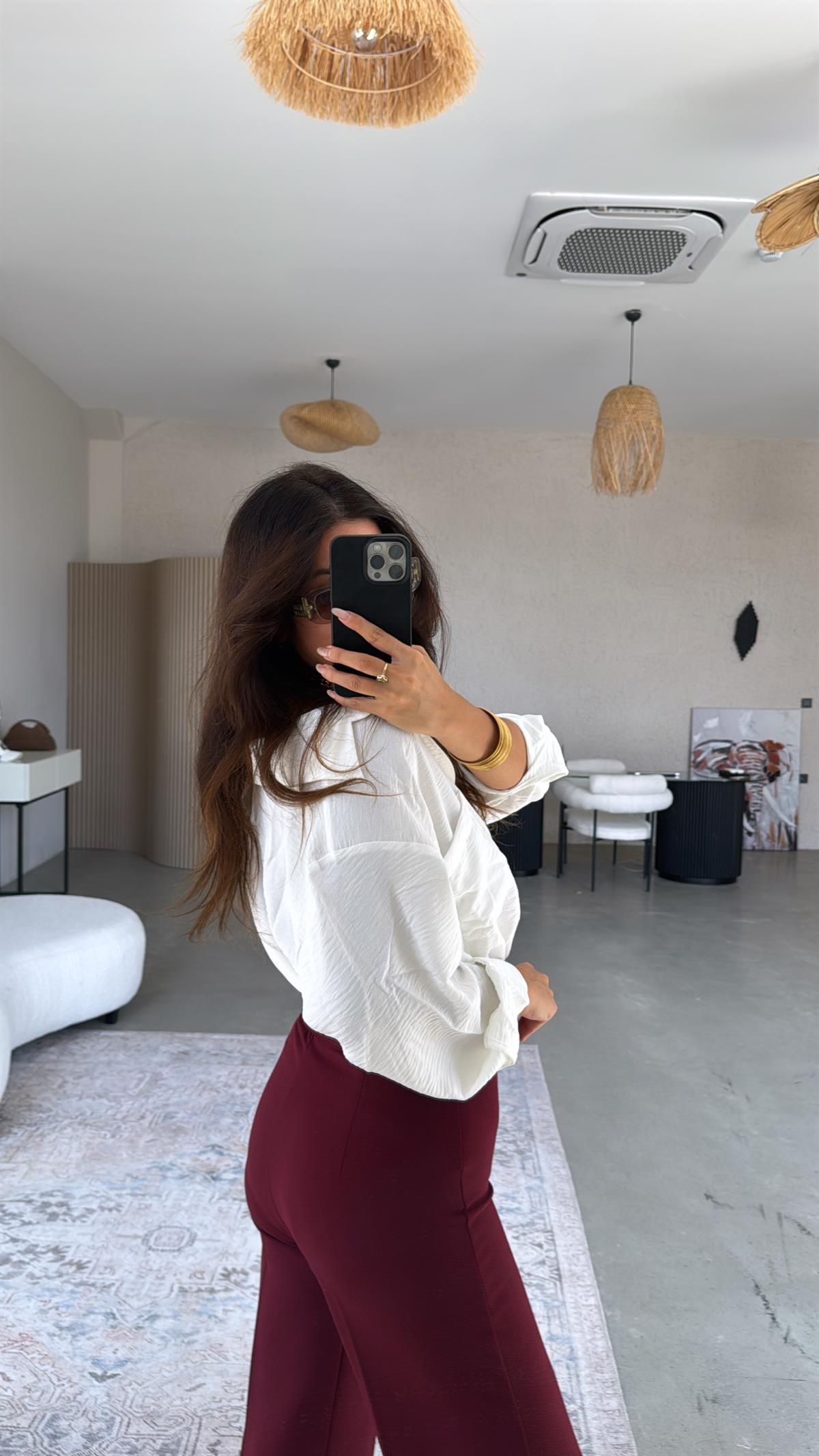Bordo Kemerli Kumaş Pantolon