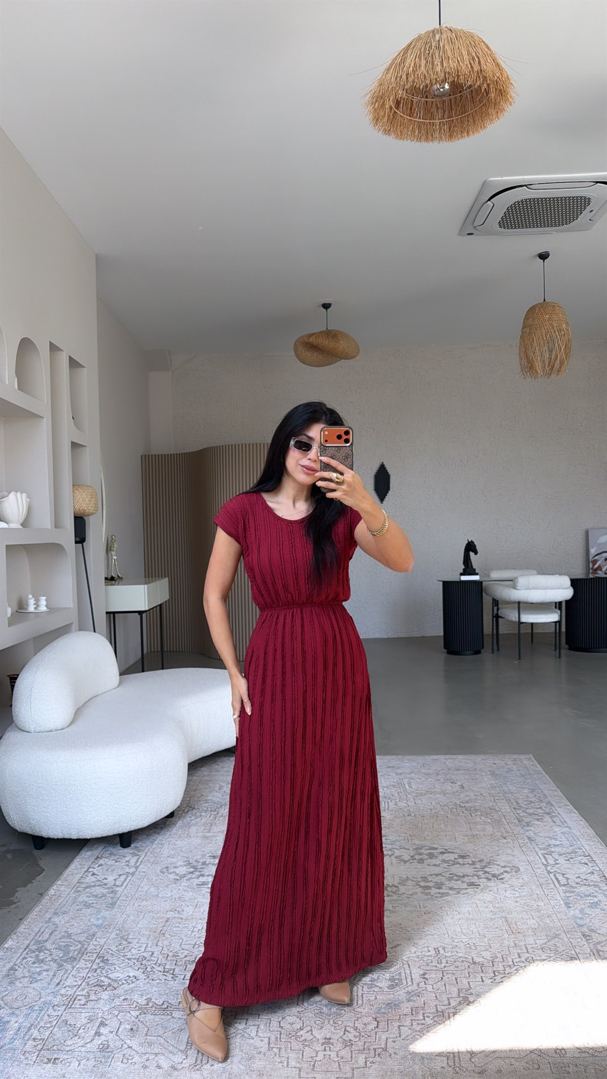 Bordo Kendinden Çizgi Dokulu Beli Lastikli Maxi Bürümcük Elbise