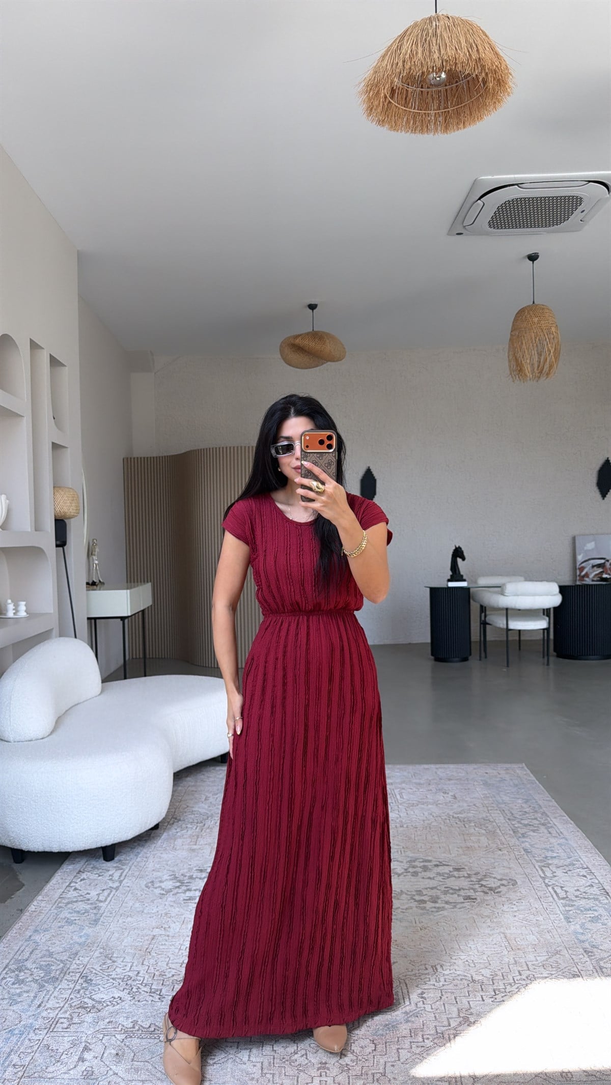 Bordo Kendinden Çizgi Dokulu Beli Lastikli Maxi Bürümcük Elbise