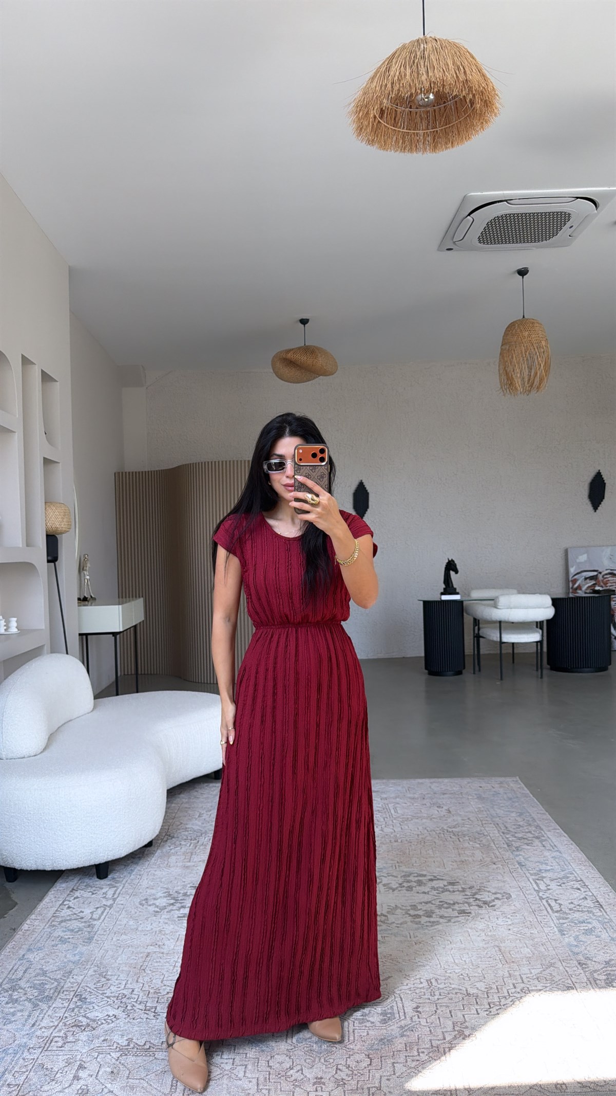 Bordo Kendinden Çizgi Dokulu Beli Lastikli Maxi Bürümcük Elbise