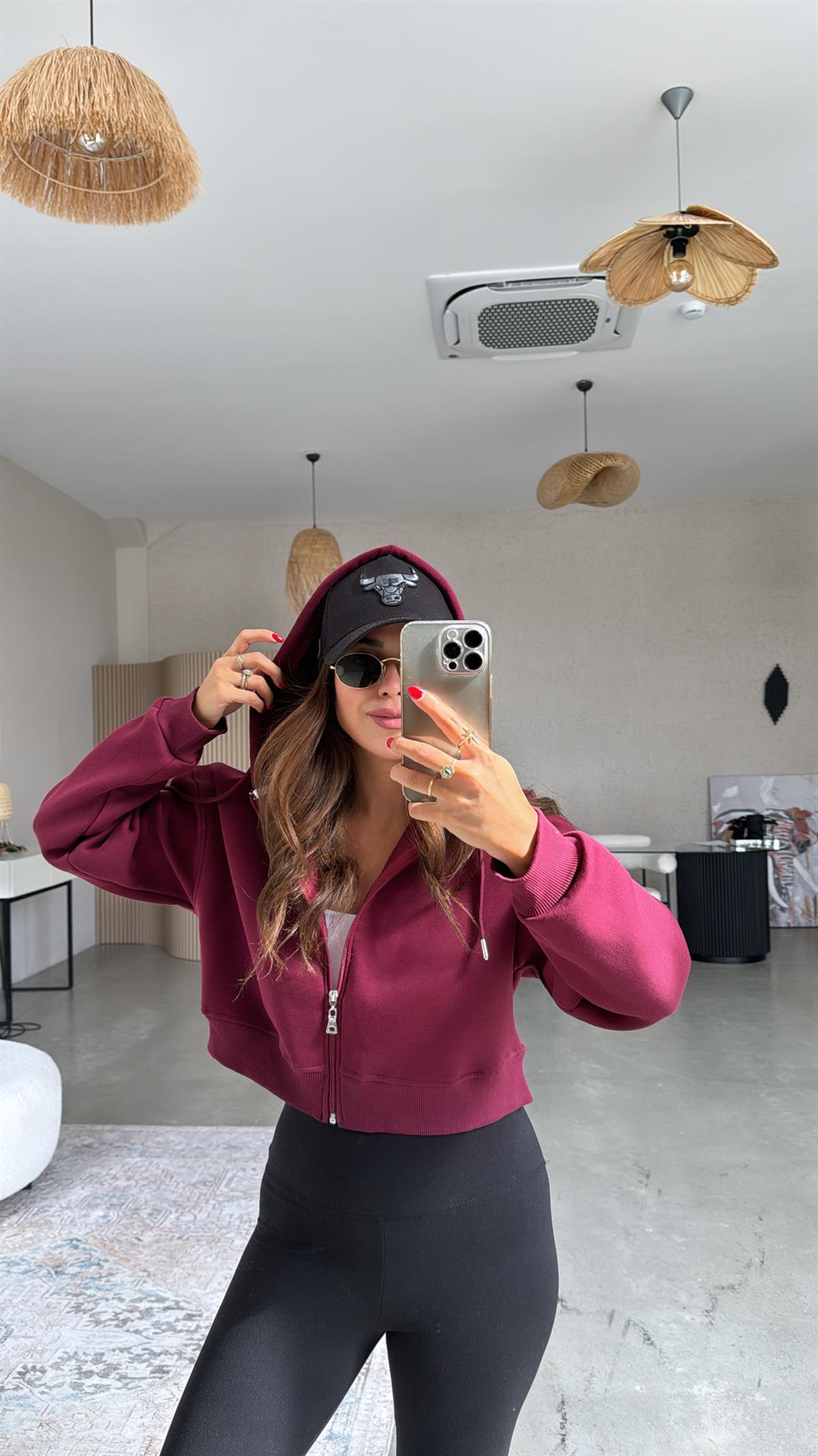 Bordo Kısa Fermuarlı Şardonlu Ceket