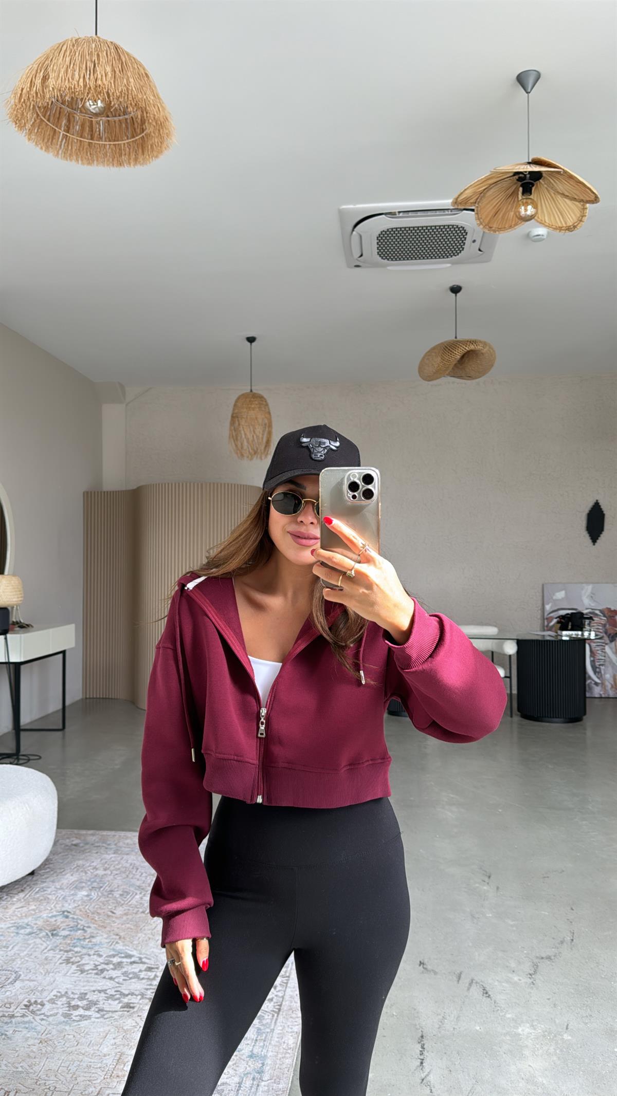 Bordo Kısa Fermuarlı Şardonlu Ceket