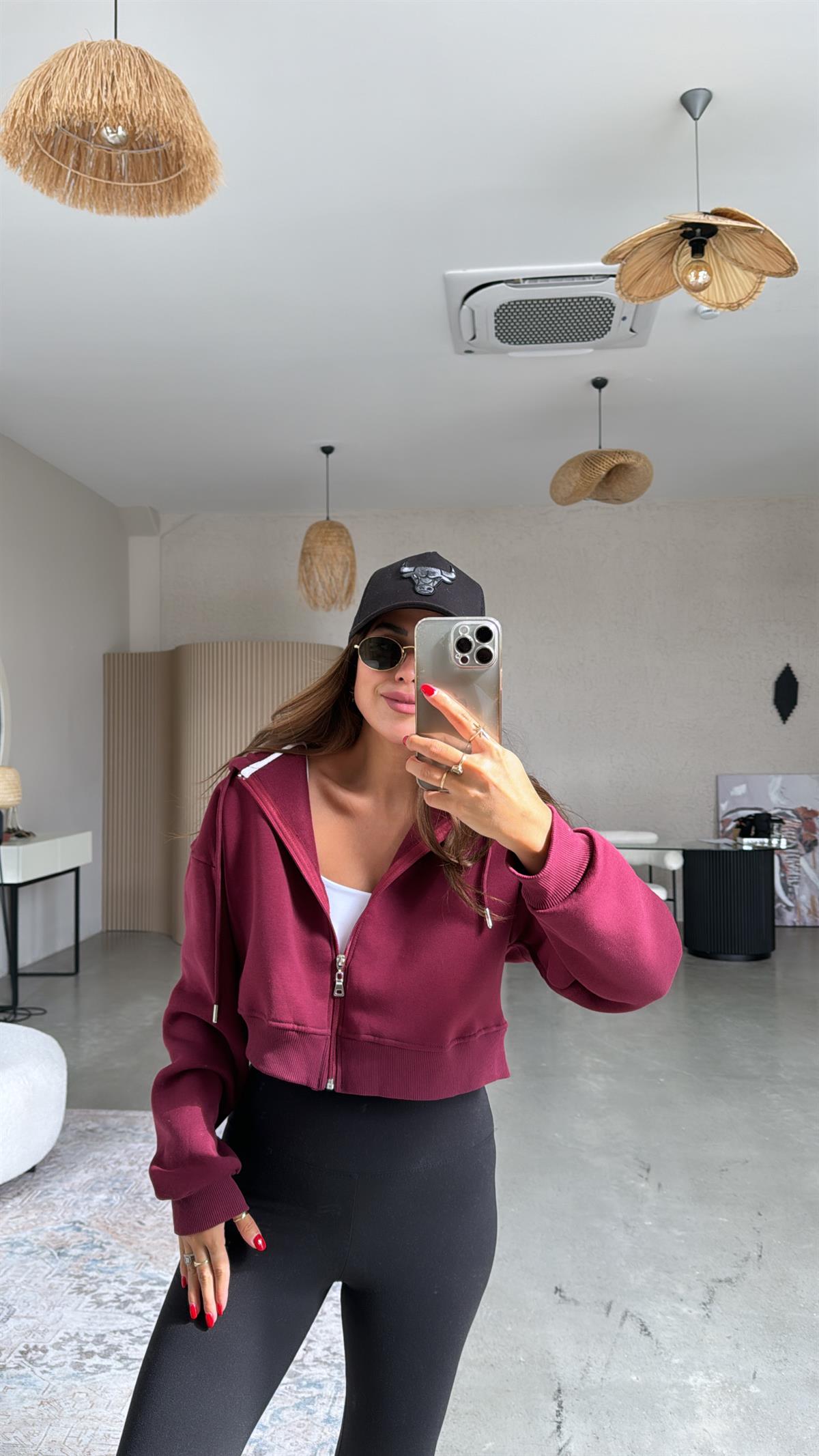 Bordo Kısa Fermuarlı Şardonlu Ceket