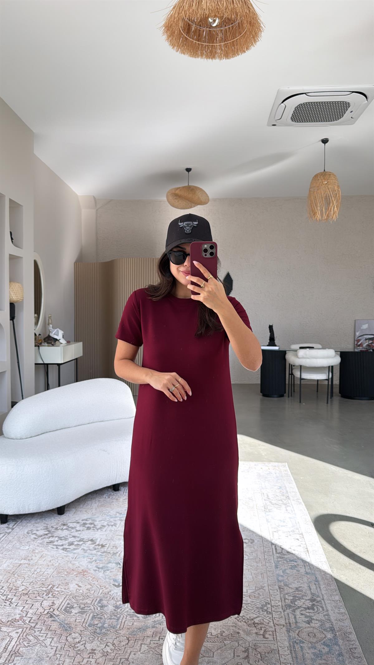 Bordo Kısa Kol Bisiklet Yaka Basic Elbise