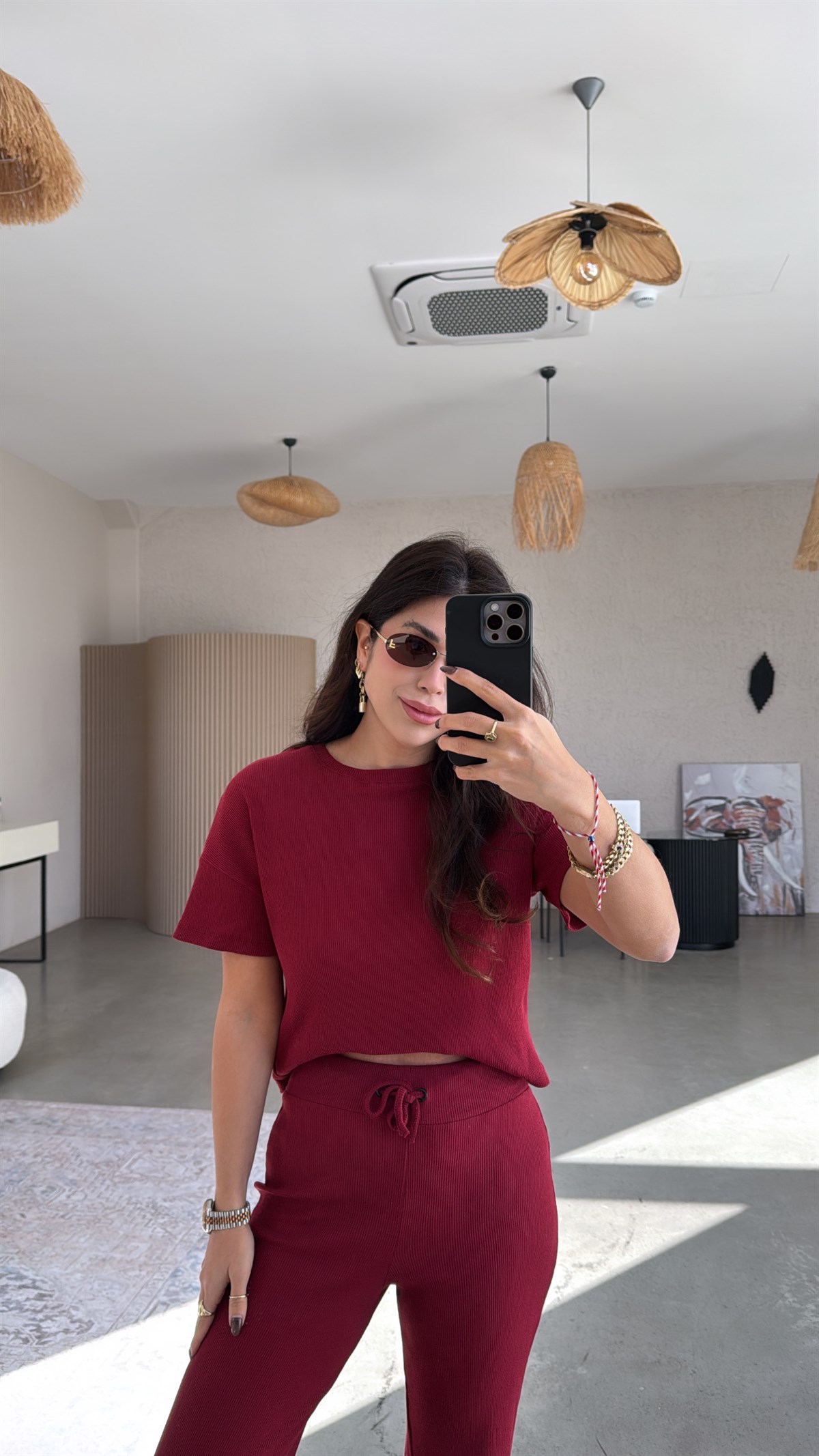 Bordo Kısa Kollu Fitilli Takım