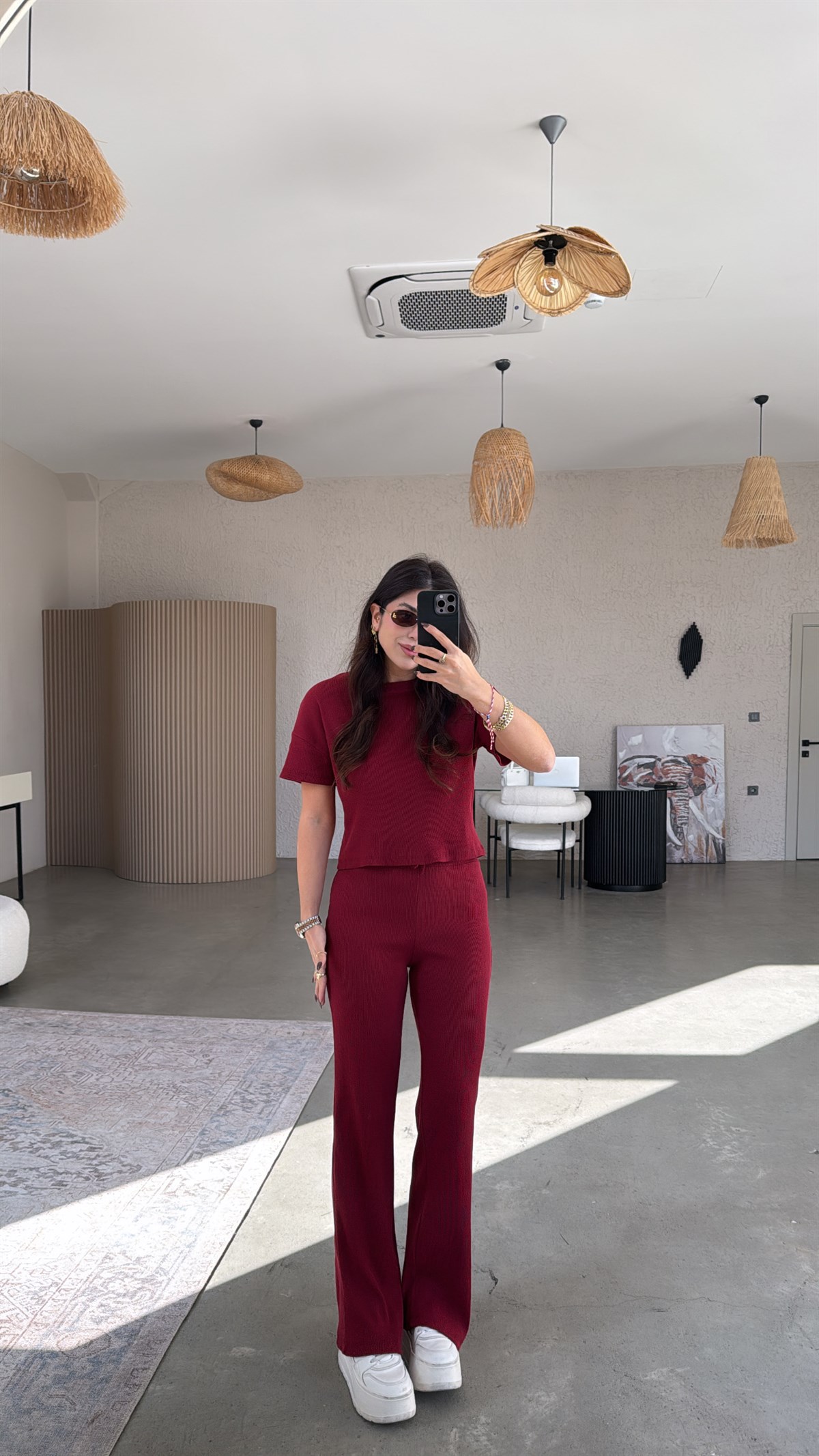 Bordo Kısa Kollu Fitilli Takım