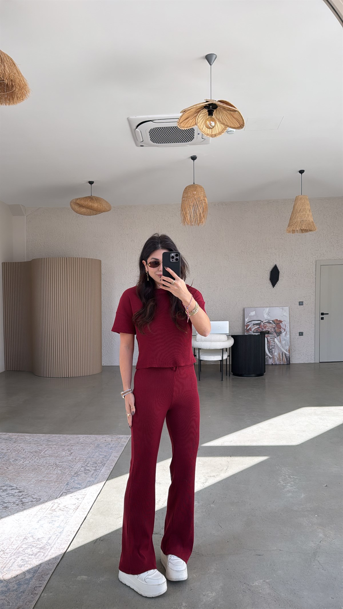 Bordo Kısa Kollu Fitilli Takım