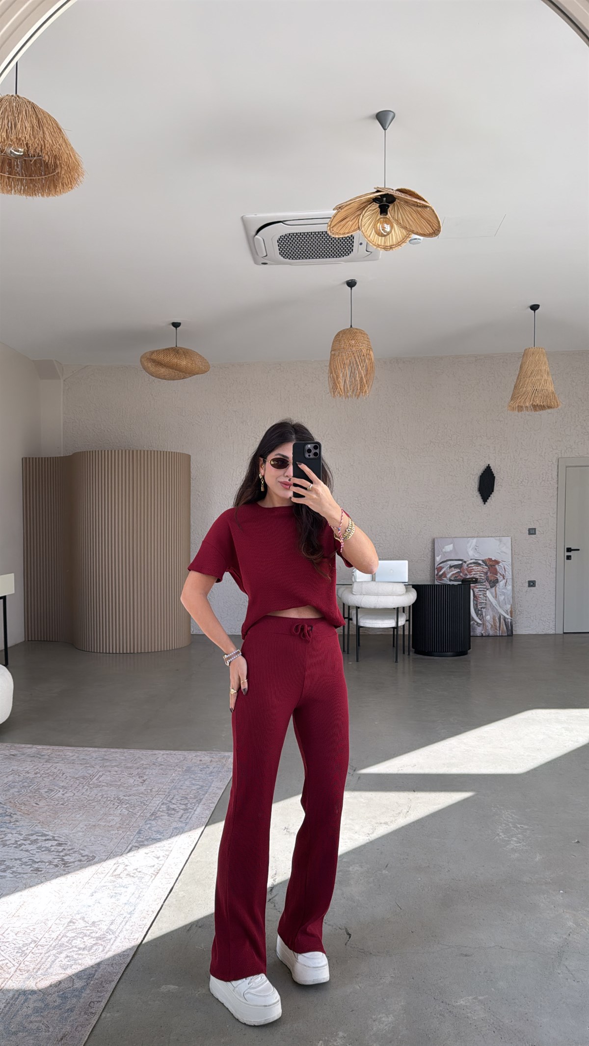 Bordo Kısa Kollu Fitilli Takım