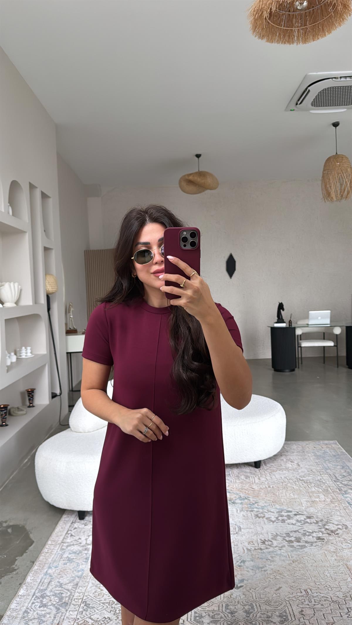 Bordo Kısa Kollu Ön Dikiş Detaylı Elbise