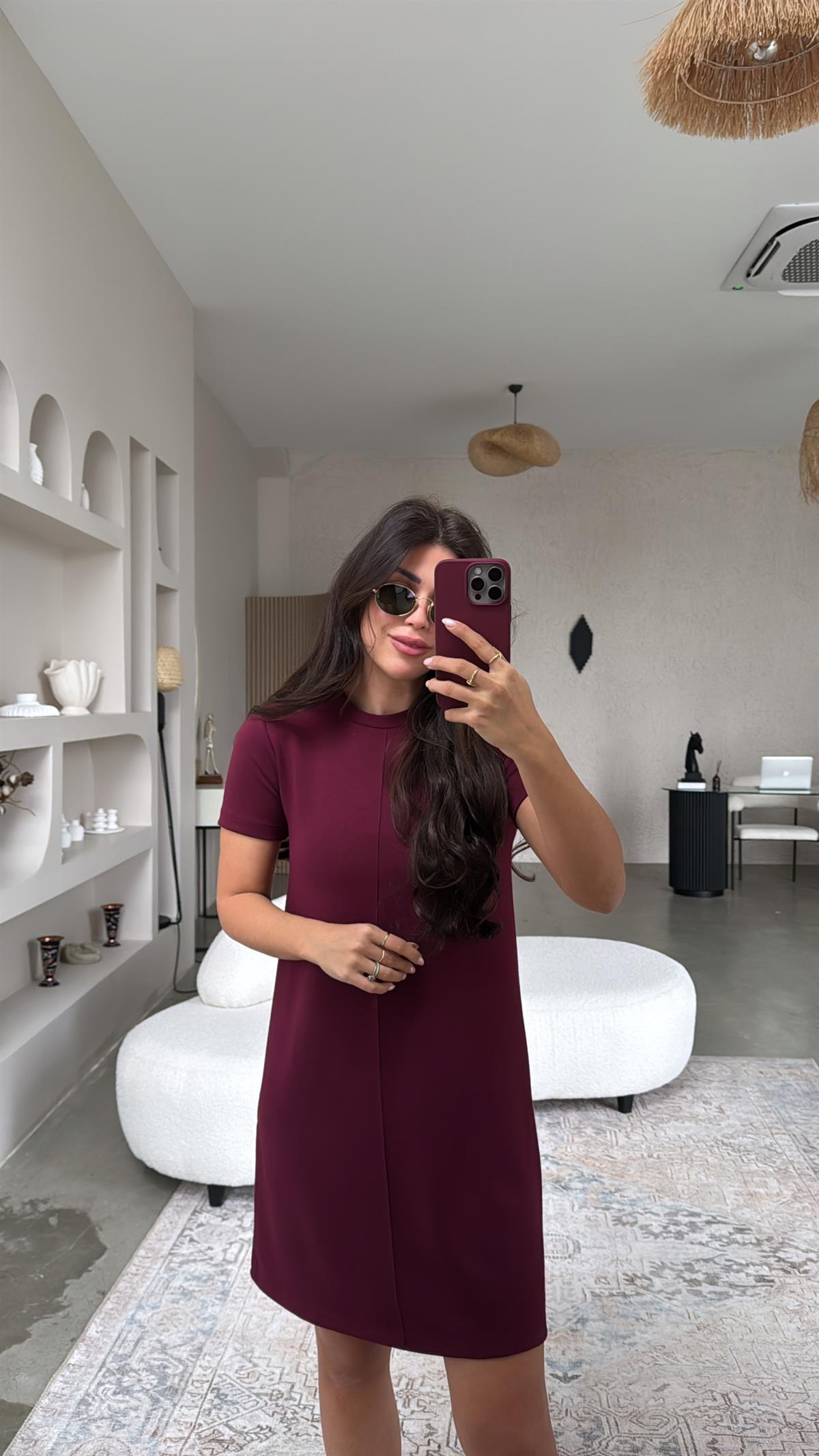 Bordo Kısa Kollu Ön Dikiş Detaylı Elbise