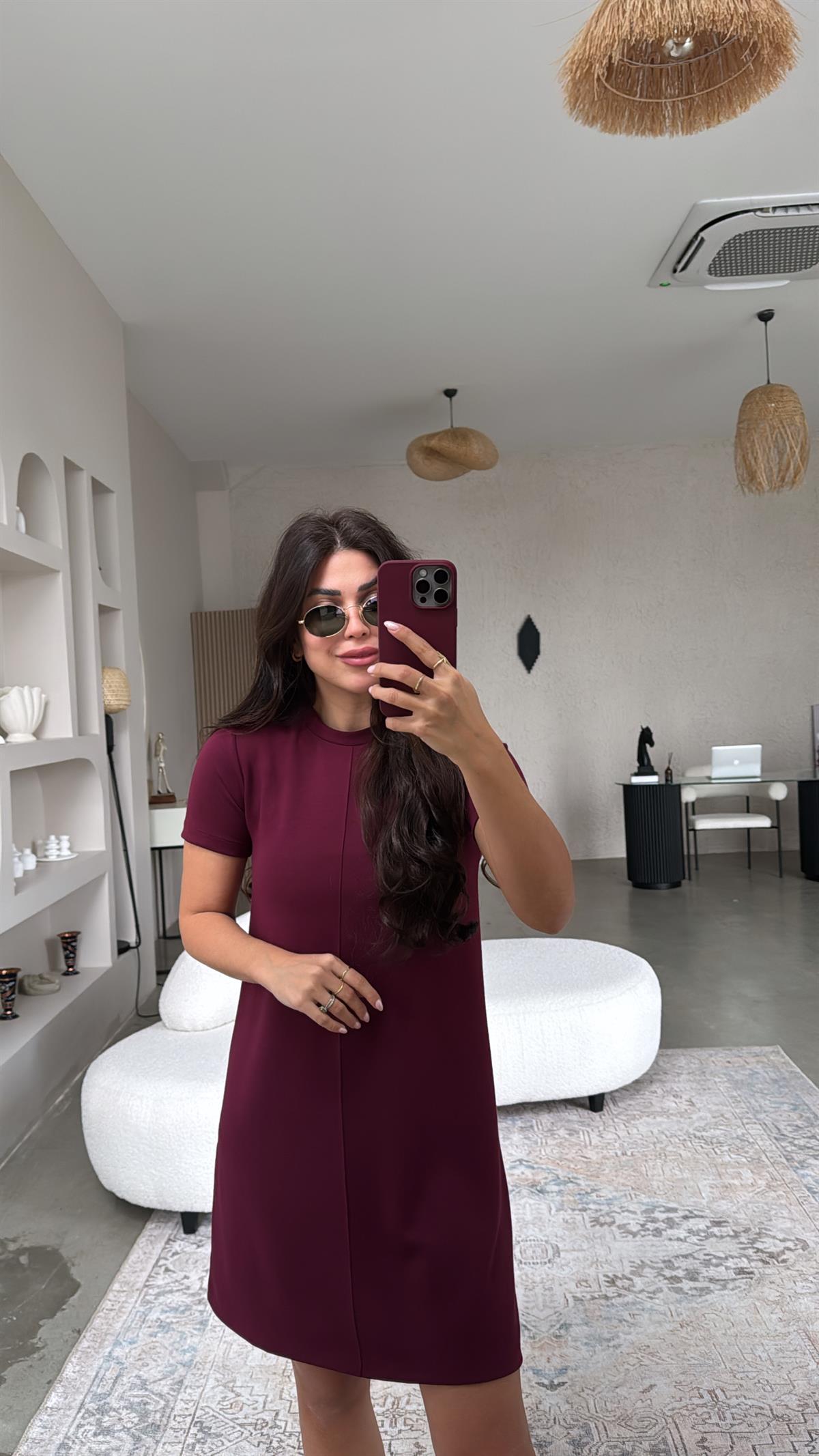 Bordo Kısa Kollu Ön Dikiş Detaylı Elbise