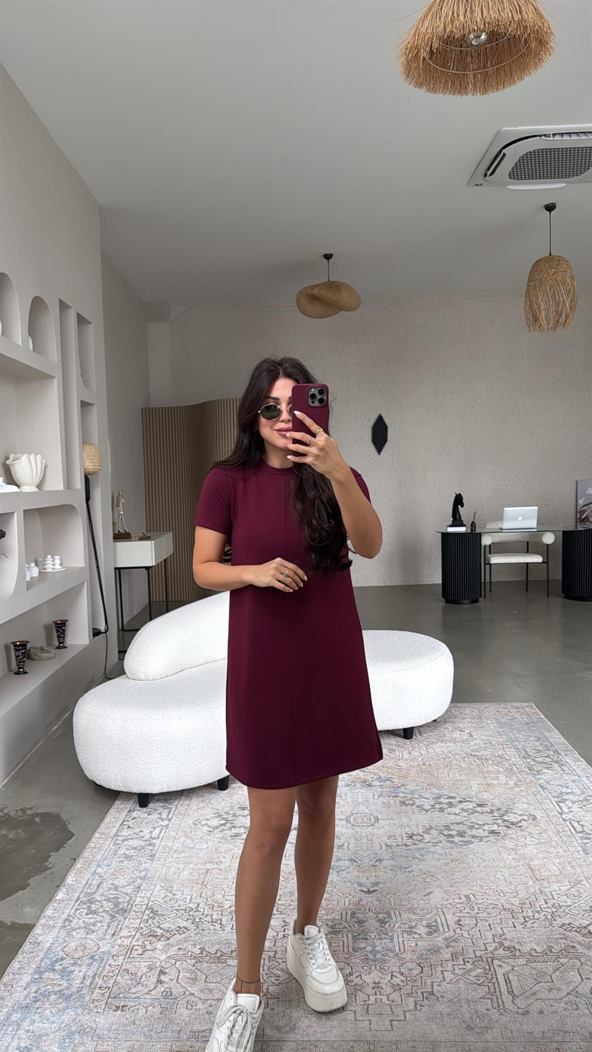 Bordo Kısa Kollu Ön Dikiş Detaylı Elbise