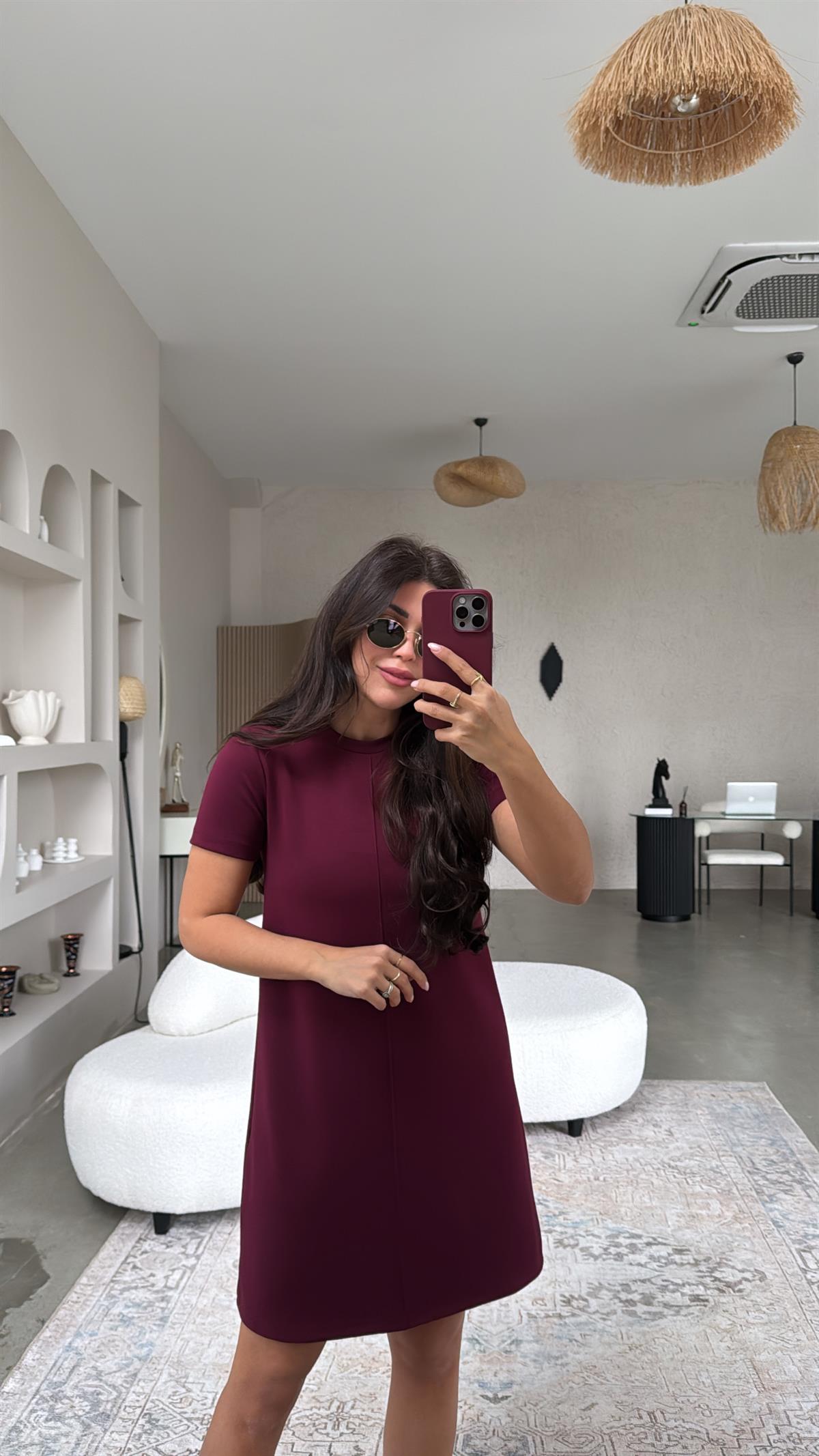 Bordo Kısa Kollu Ön Dikiş Detaylı Elbise