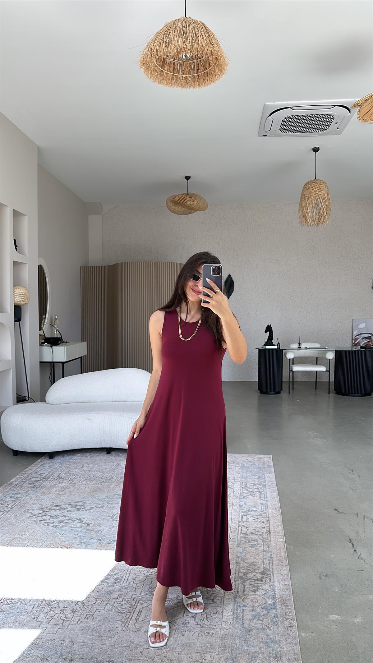 Bordo Kolsuz A Kesim Modal Elbise