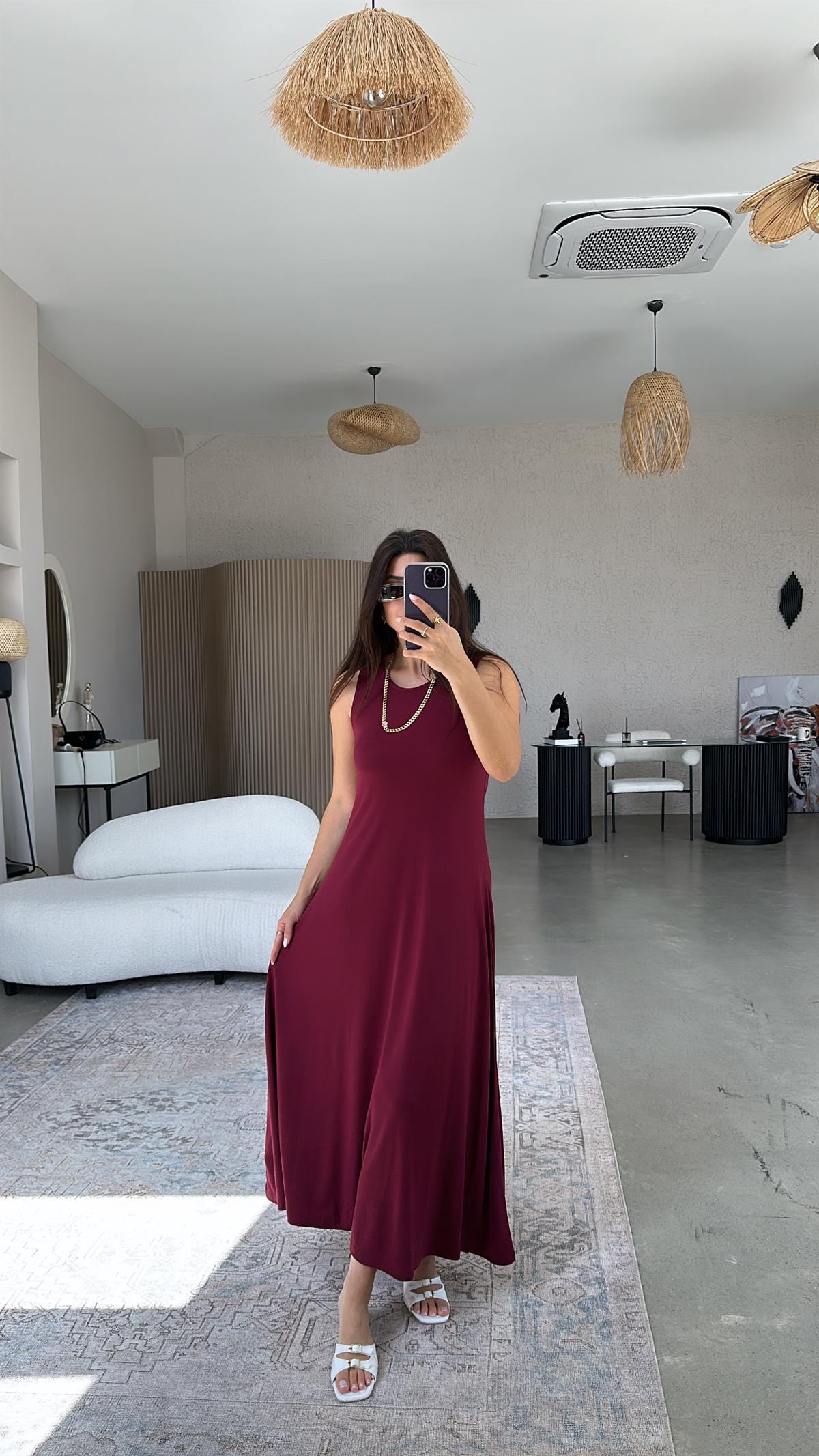 Bordo Kolsuz A Kesim Modal Elbise