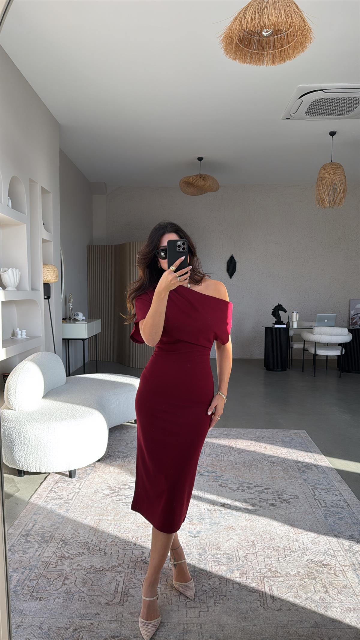 Bordo Krep Zr Model Omzu Açık Elbise