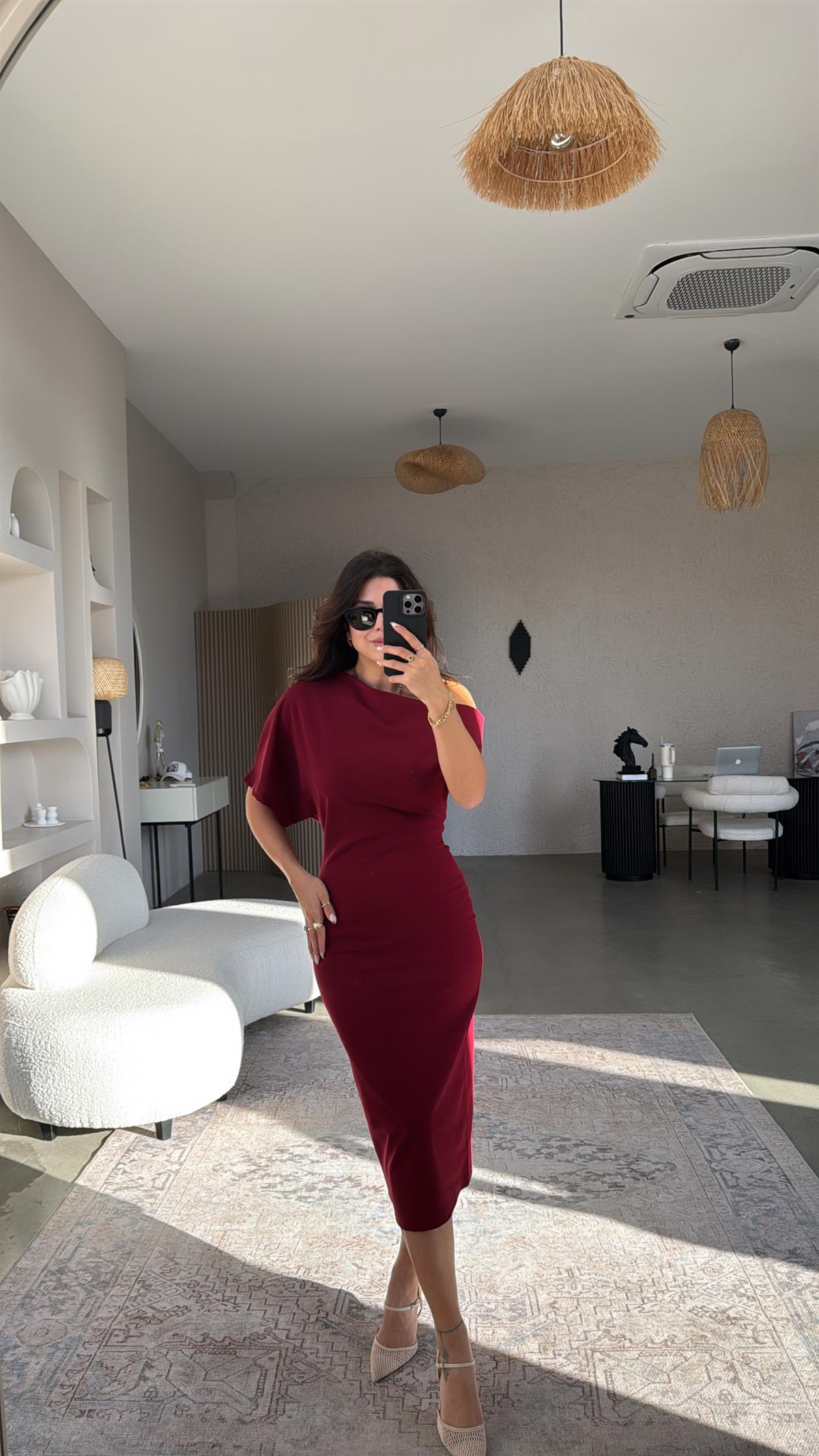 Bordo Krep Zr Model Omzu Açık Elbise