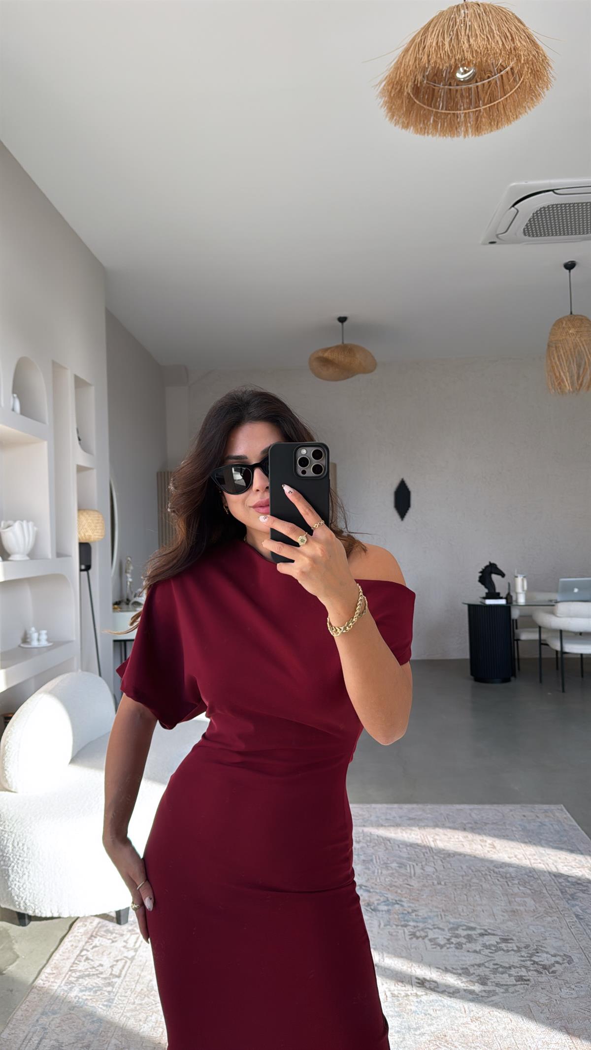 Bordo Krep Zr Model Omzu Açık Elbise