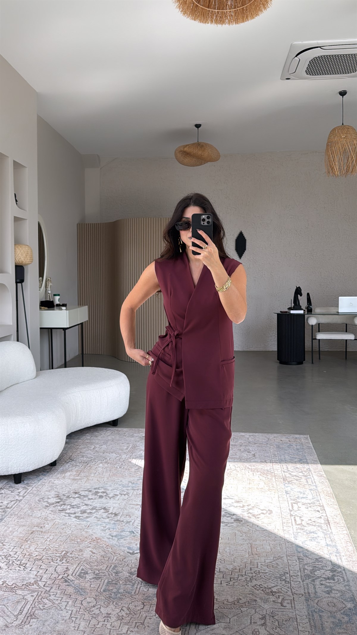 Bordo Kruvaze Yelekli Ve Pantolonlu Dökümlü Krep Kumaş Takım