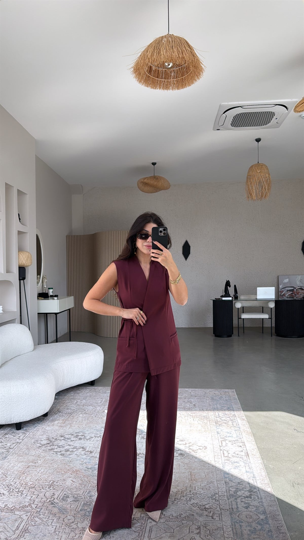 Bordo Kruvaze Yelekli Ve Pantolonlu Dökümlü Krep Kumaş Takım