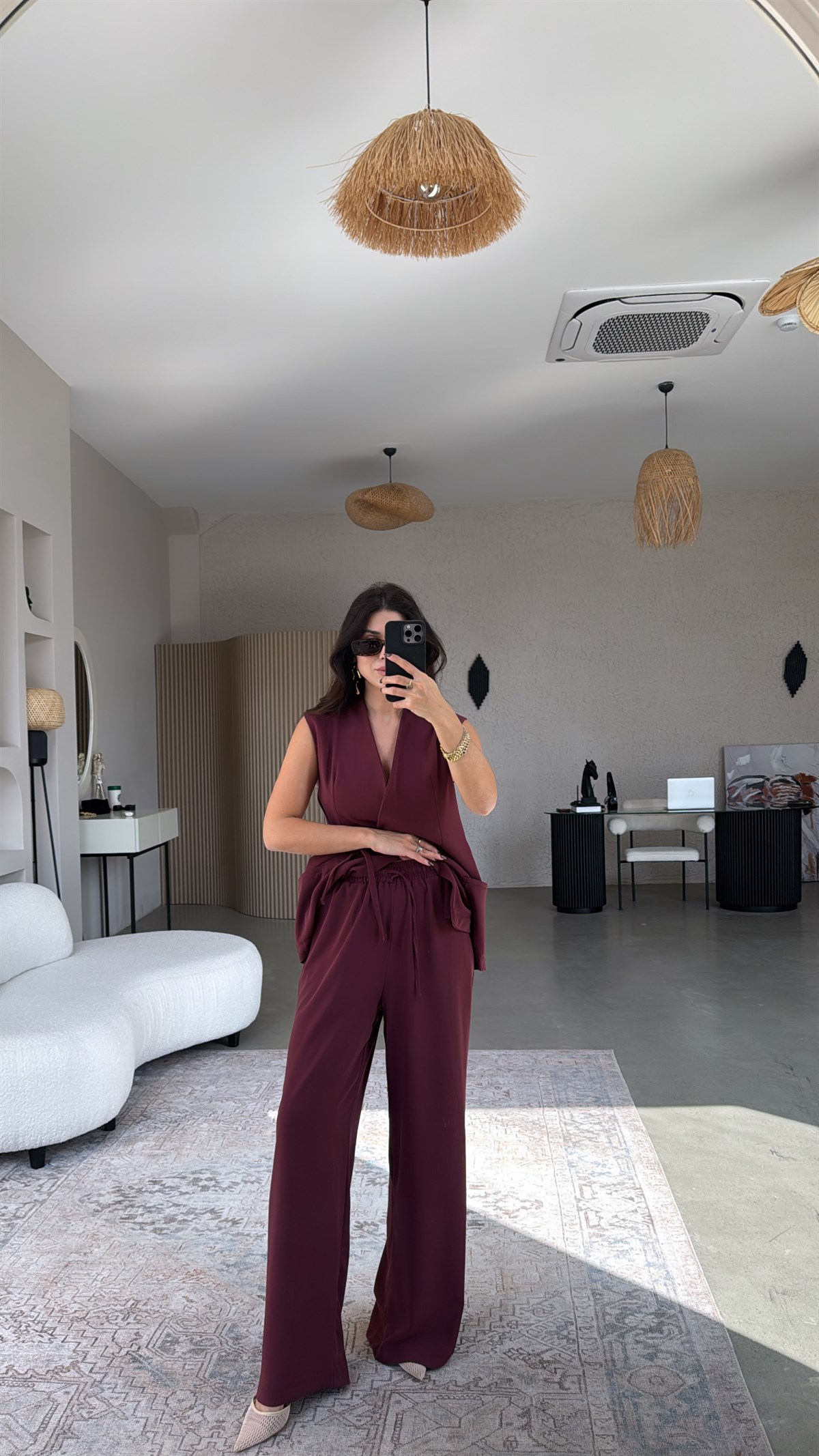 Bordo Kruvaze Yelekli Ve Pantolonlu Dökümlü Krep Kumaş Takım