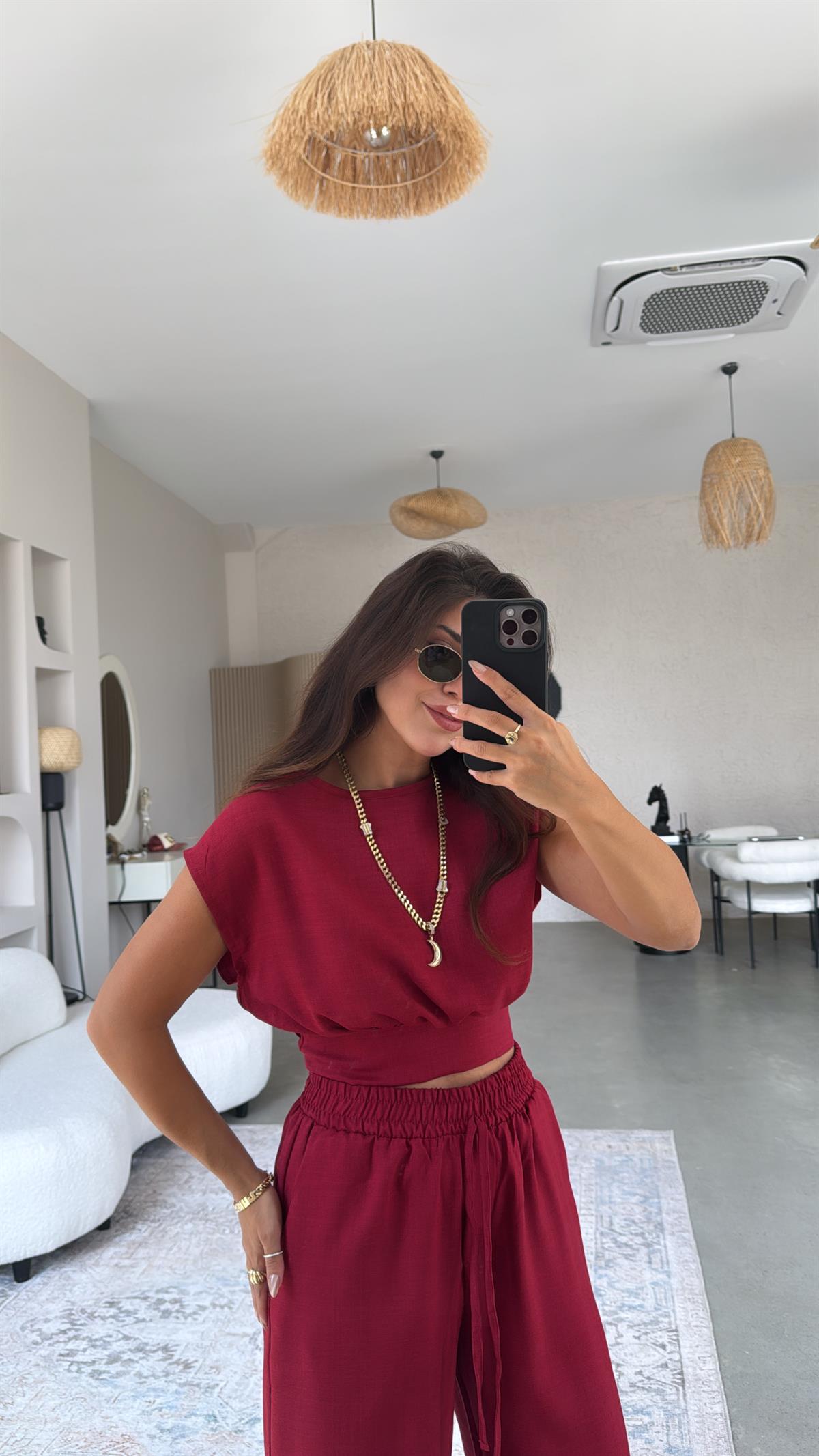 Bordo Kuşak Detaylı Pantolon Bluz Takım