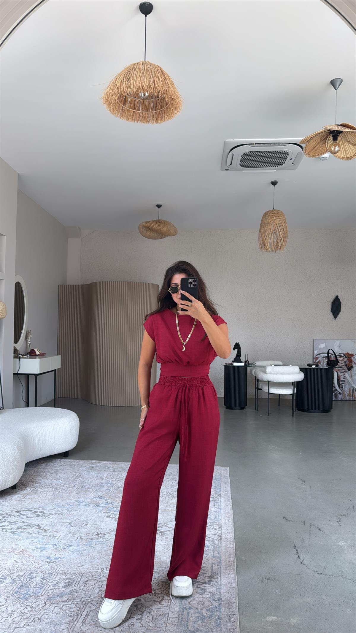 Bordo Kuşak Detaylı Pantolon Bluz Takım