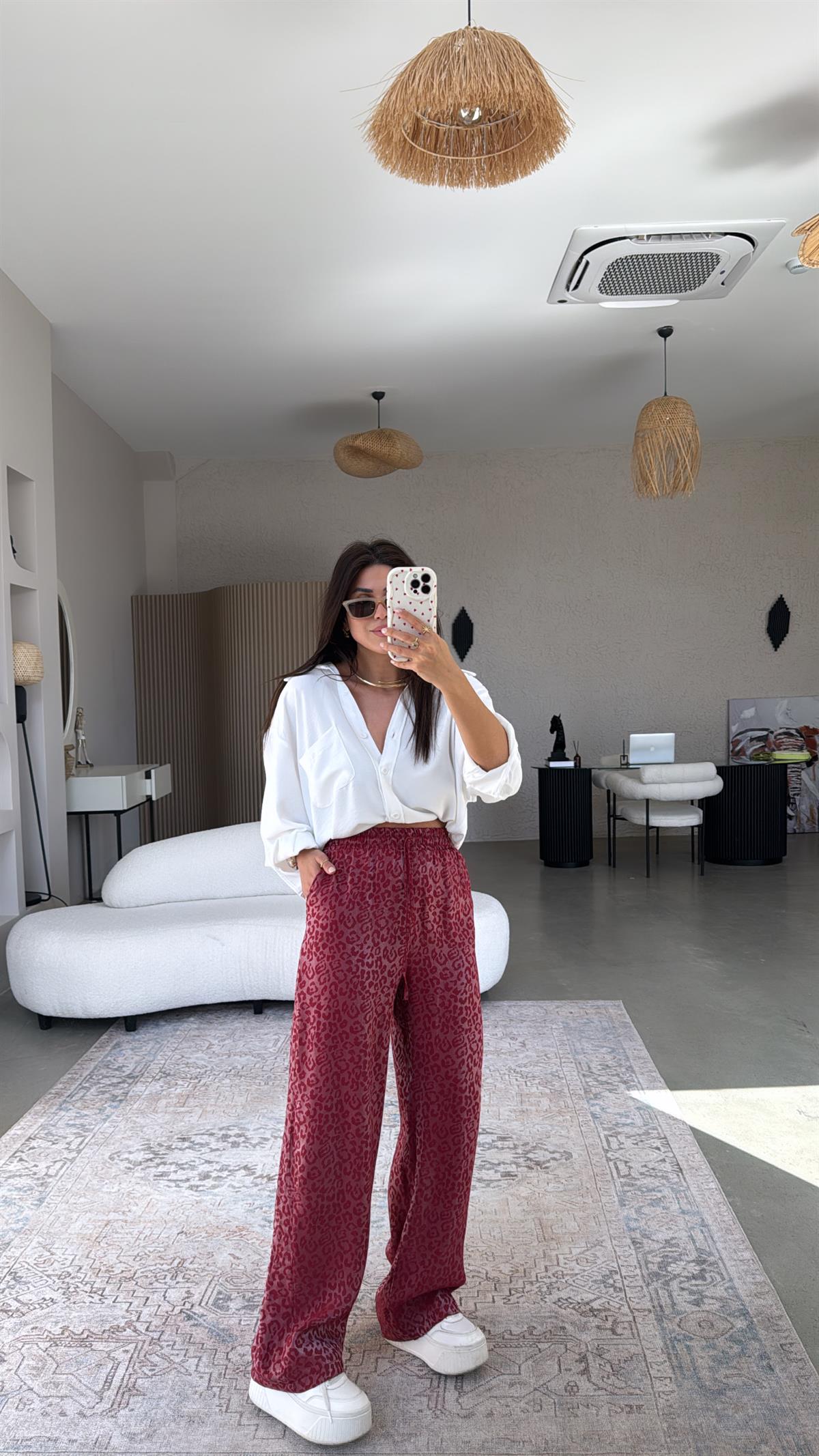 Bordo Leopar Desenli İpek Saten Pantolon