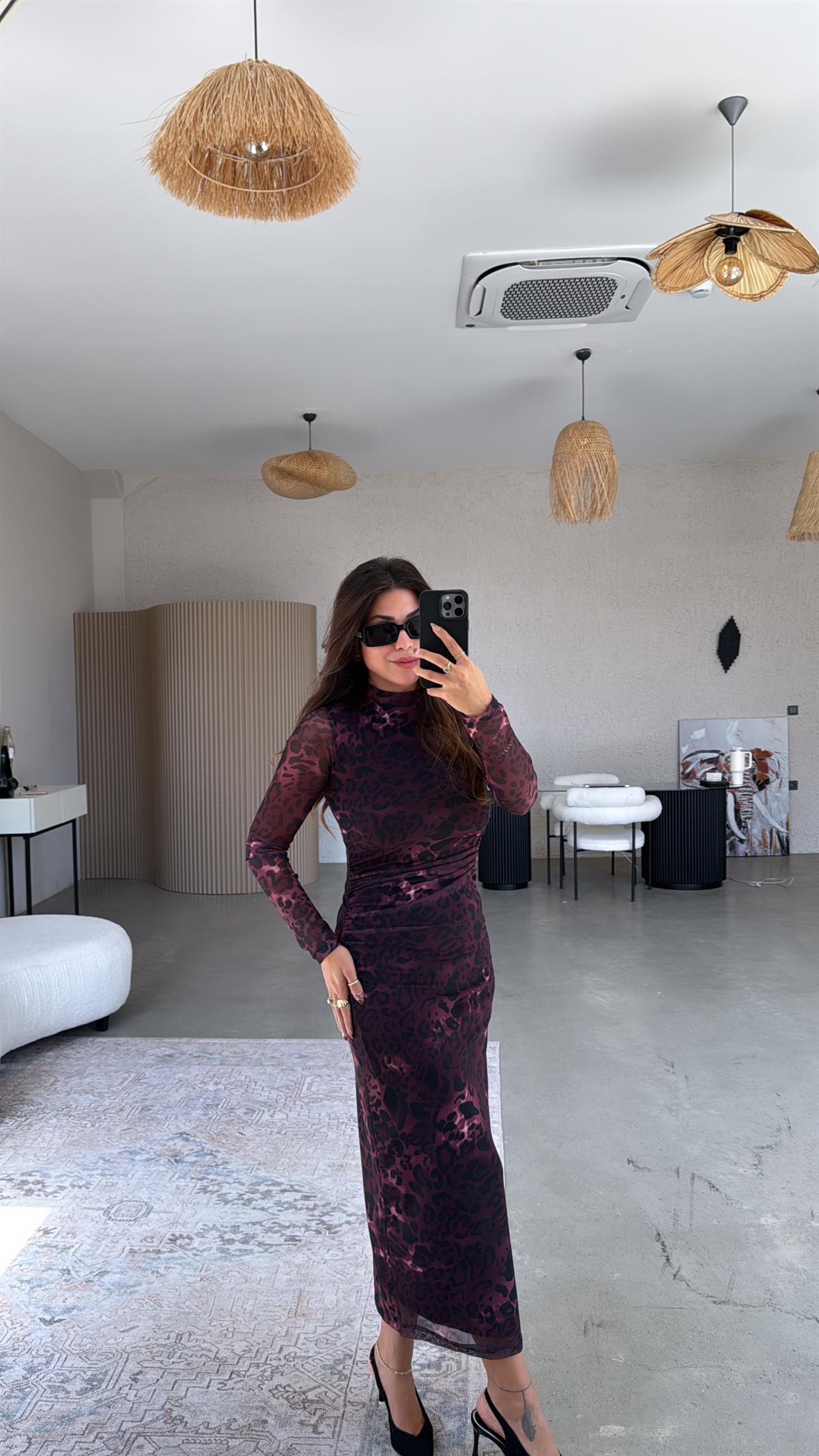 Bordo Leopar Drapeli ZR Tül Elbise