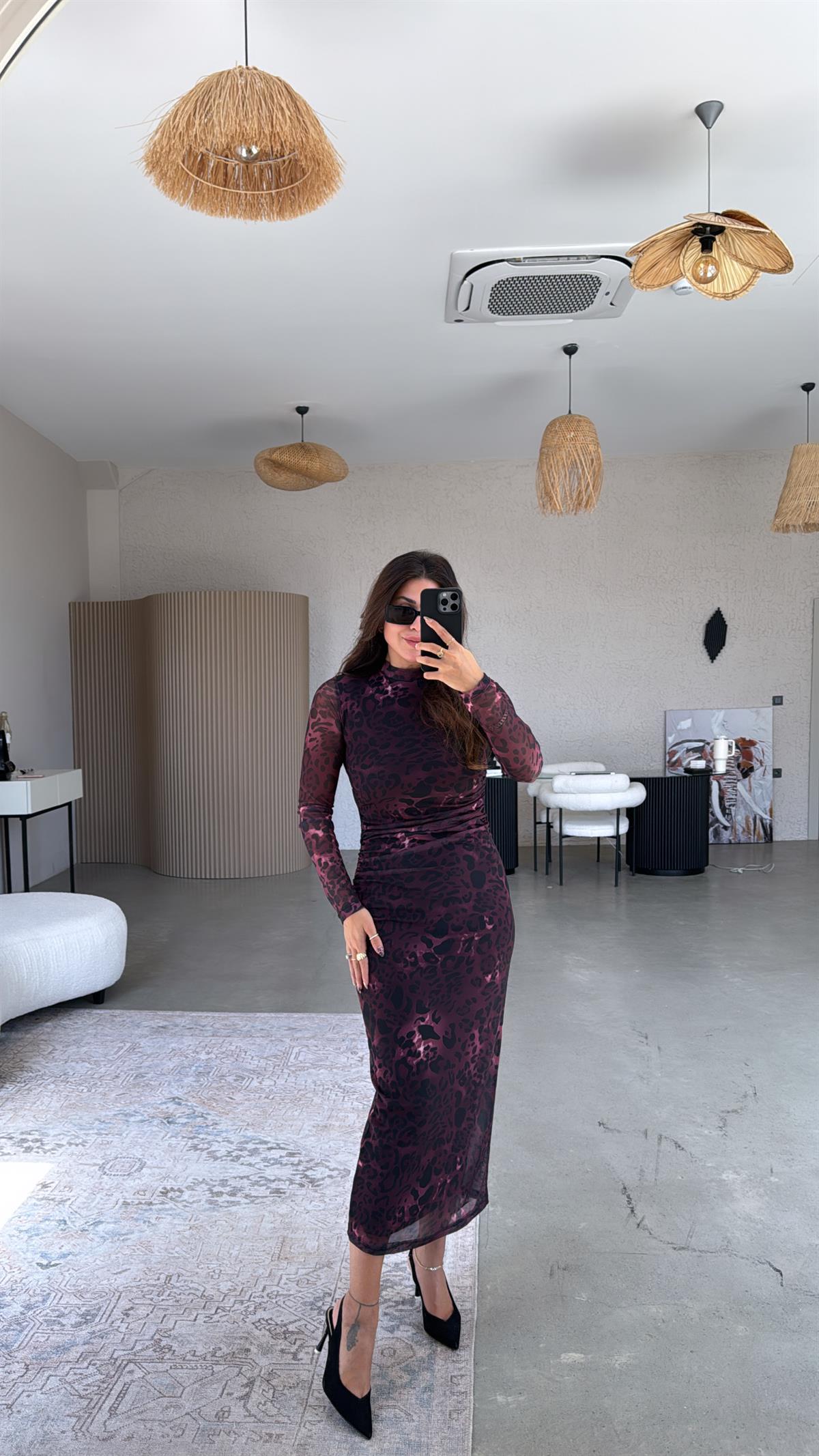 Bordo Leopar Drapeli ZR Tül Elbise