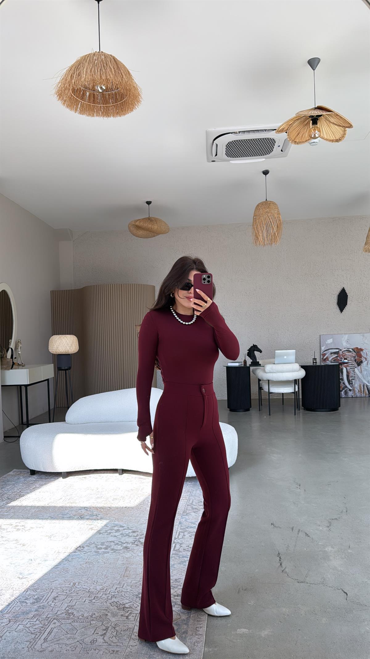 Bordo Likra Kumaş Pantolon