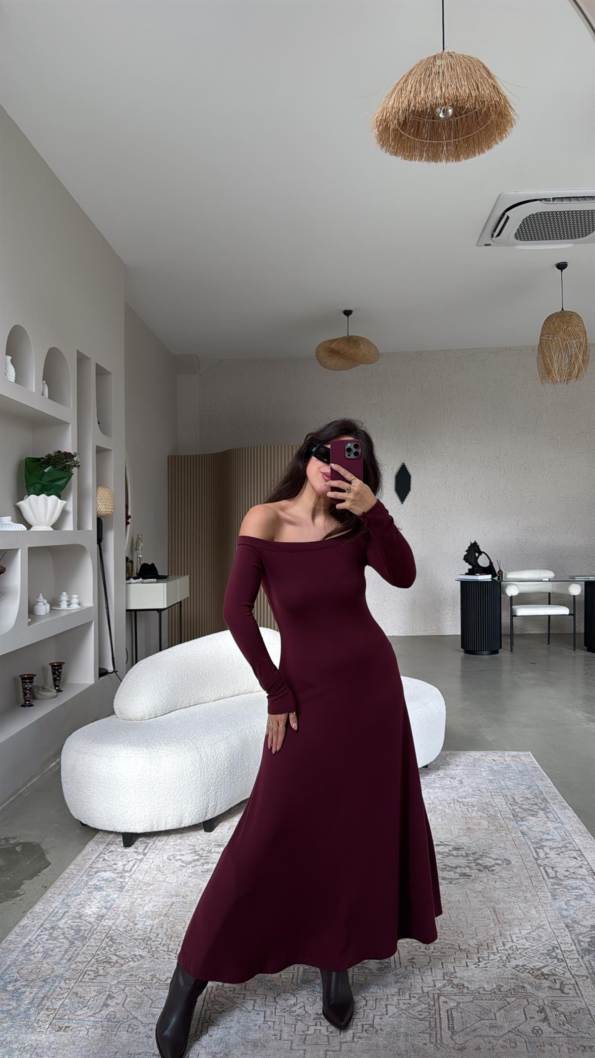 Bordo Madonna Yaka Maxi Çan Elbise