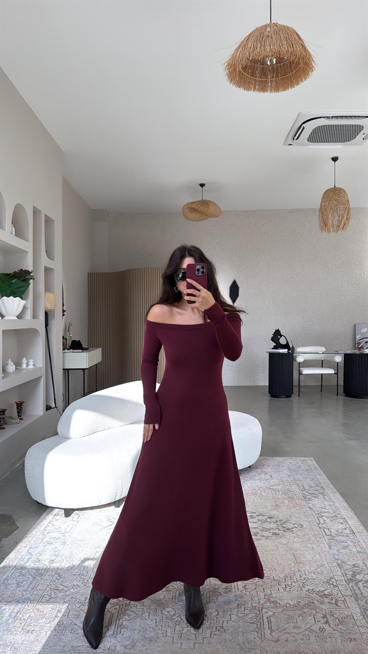 Bordo Madonna Yaka Maxi Çan Elbise
