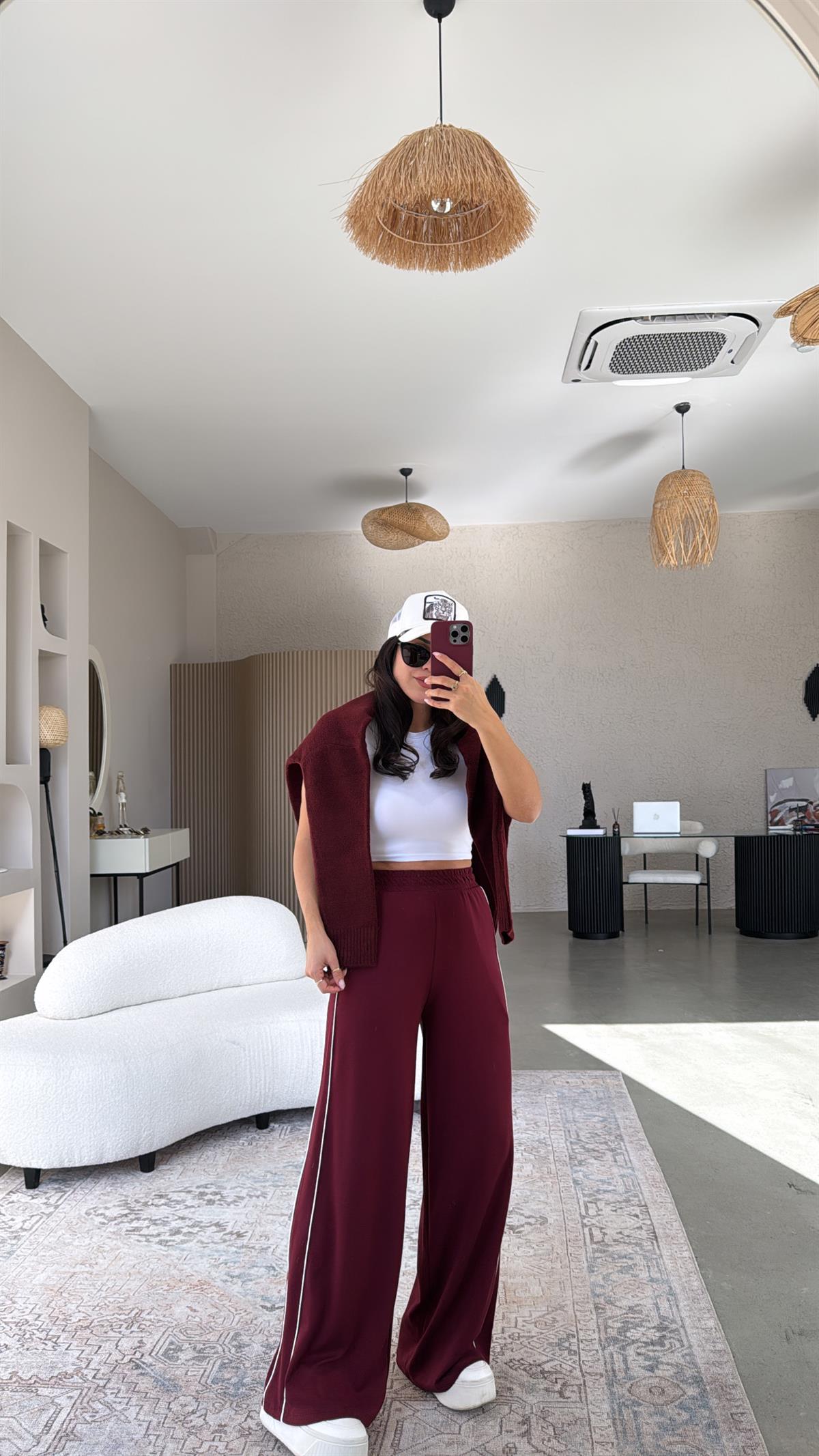 Bordo Modal Çift Biyeli Eşofman 