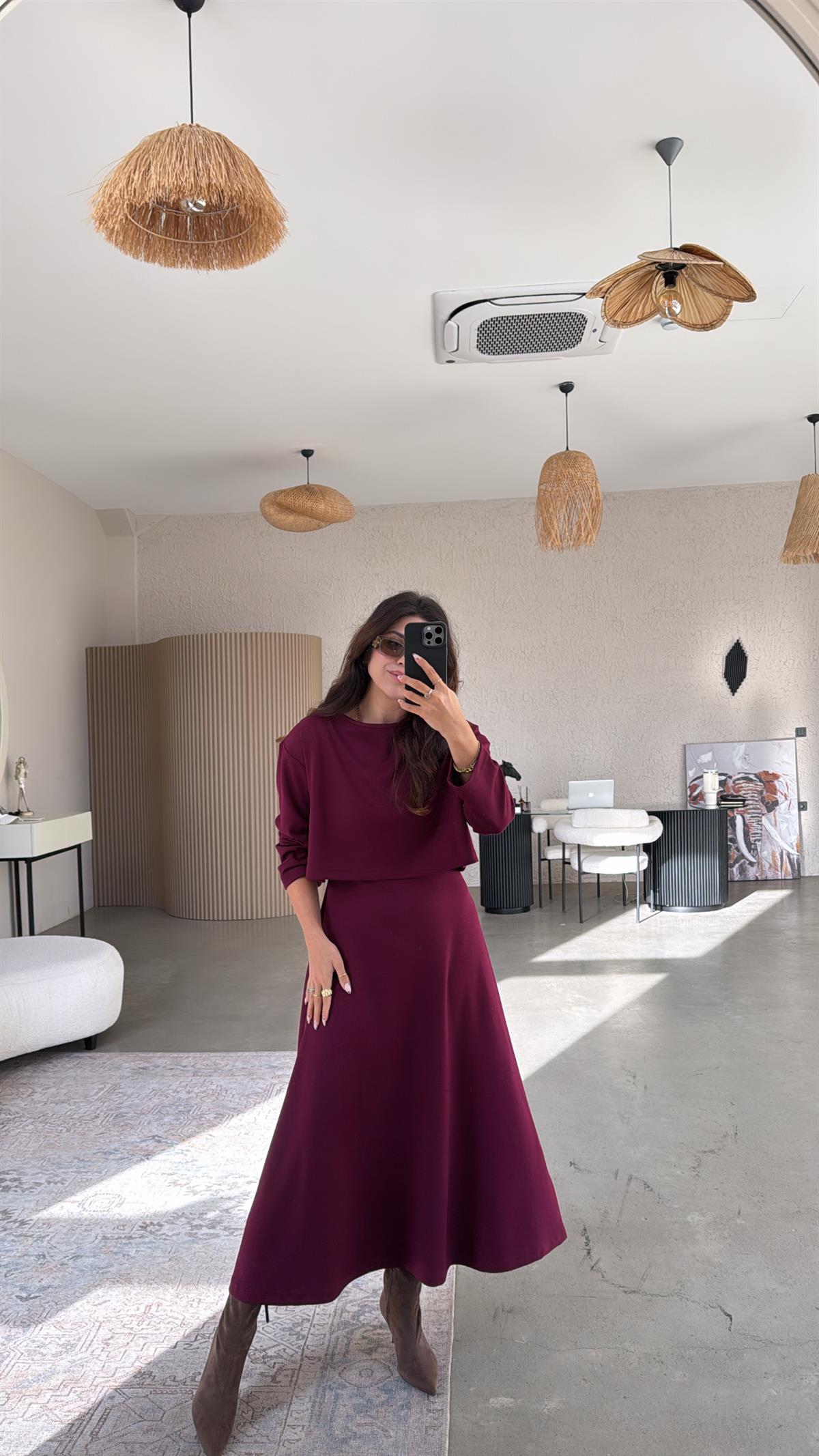 Bordo Modal Elbise Bluz İkili Takım