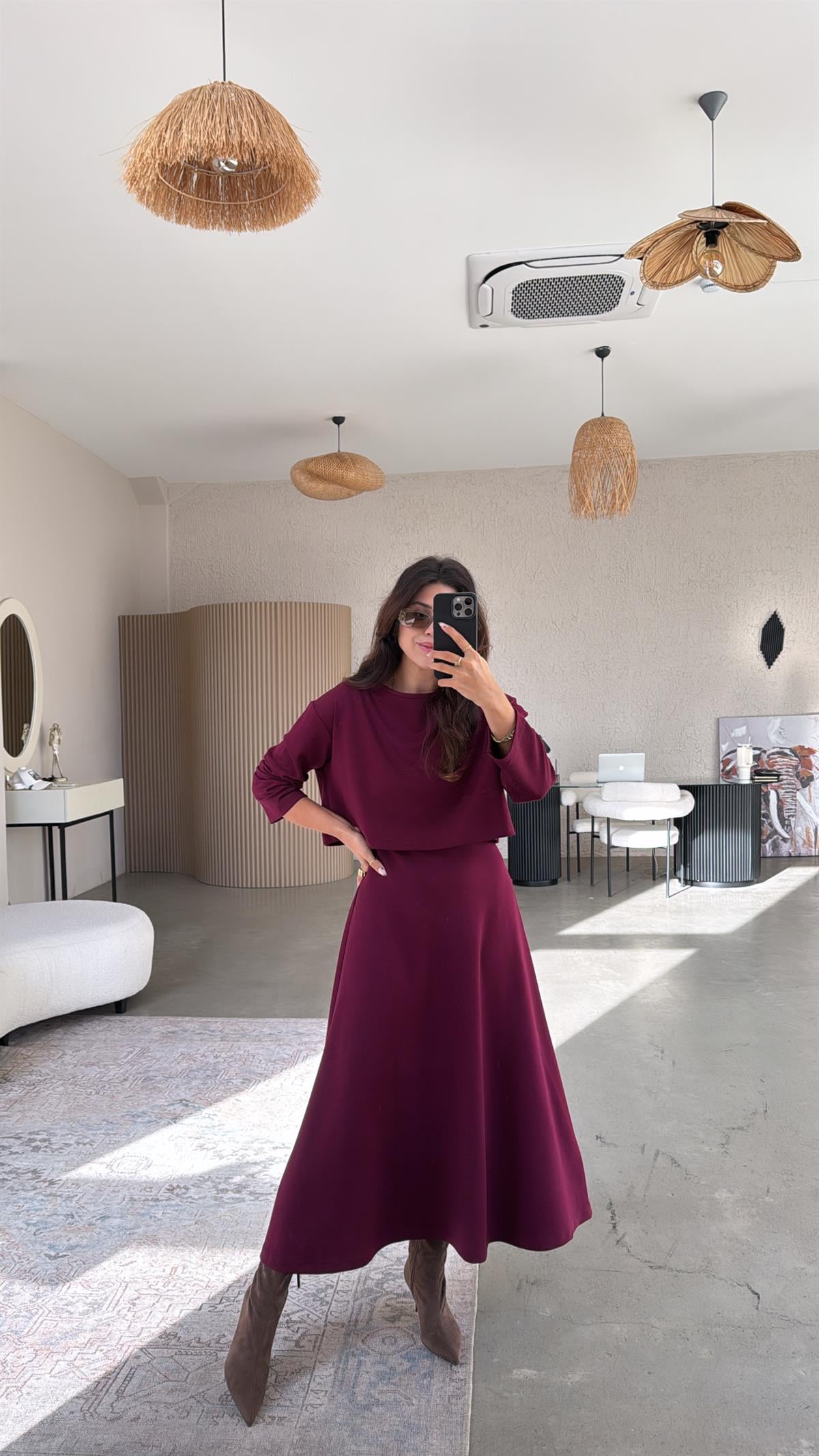 Bordo Modal Elbise Bluz İkili Takım