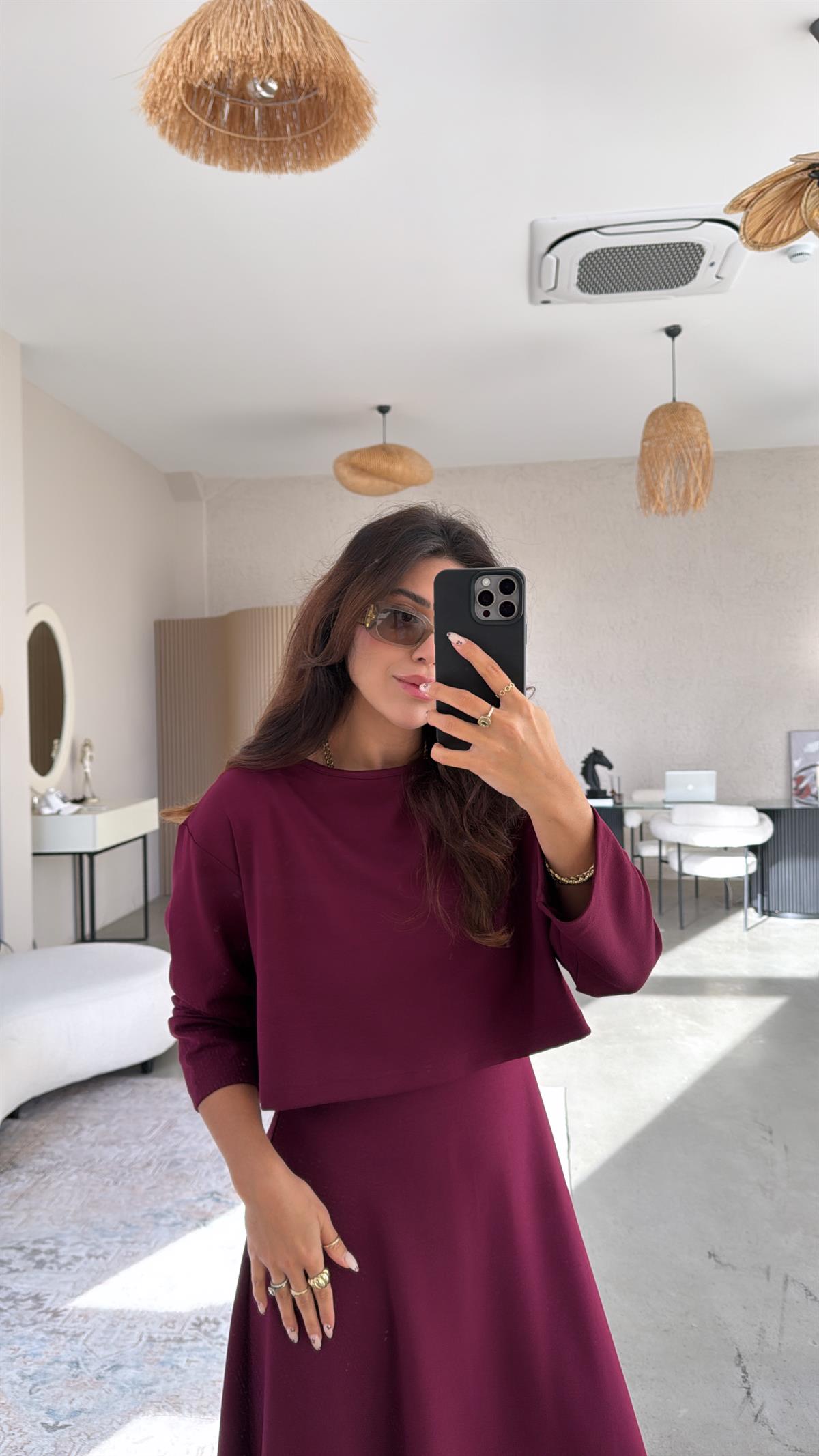 Bordo Modal Elbise Bluz İkili Takım