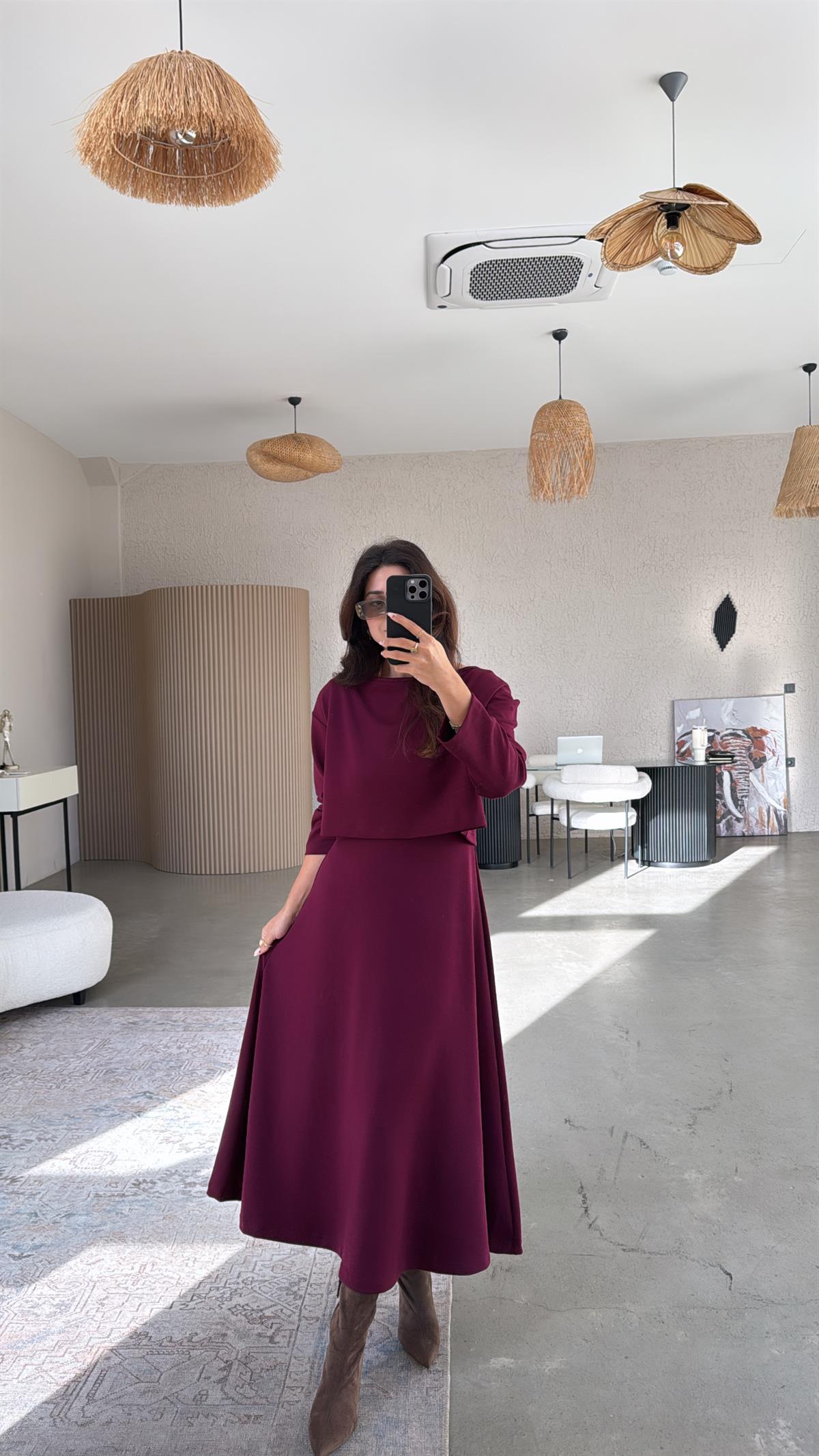 Bordo Modal Elbise Bluz İkili Takım