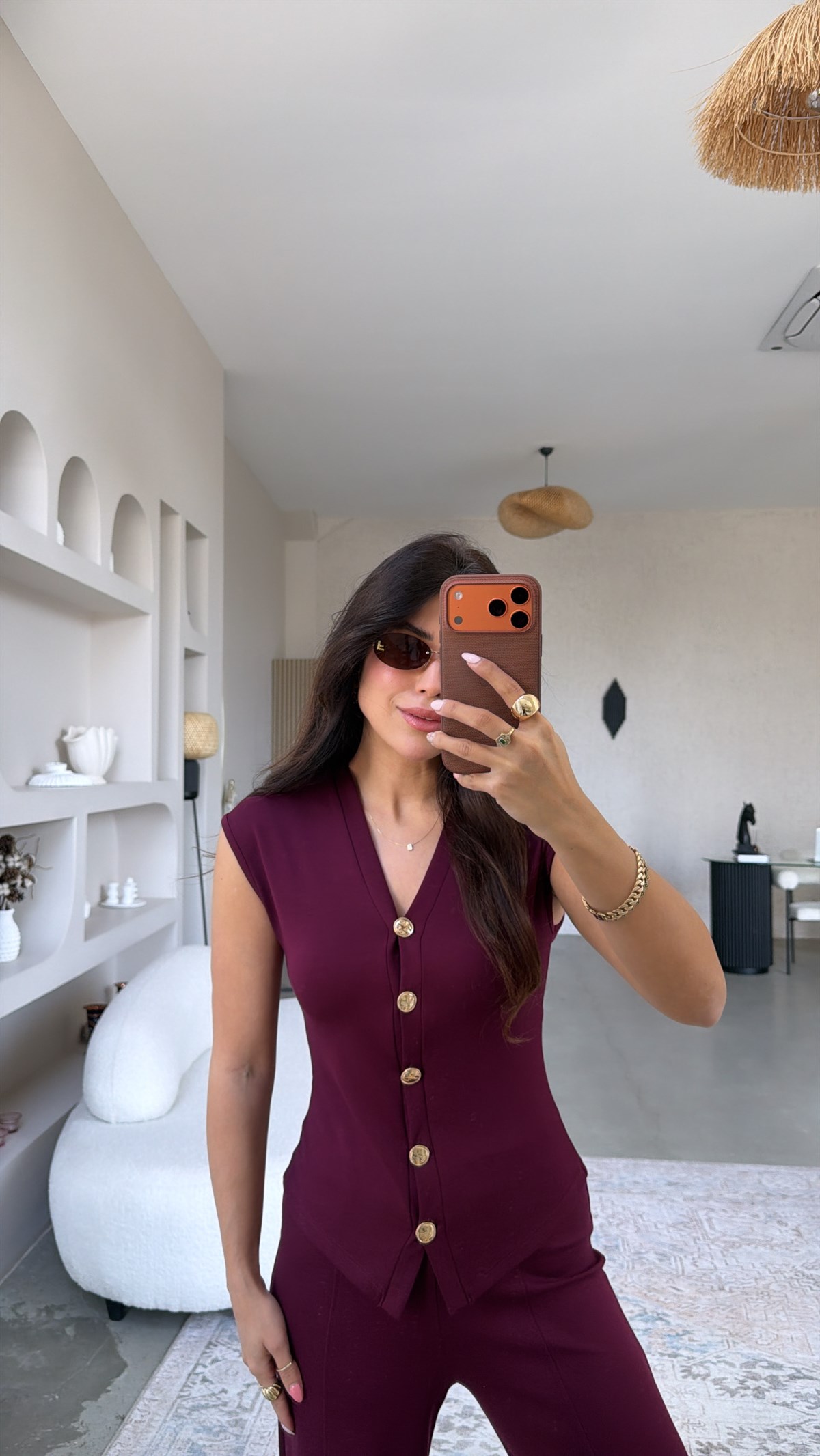 Bordo Modal Gold Düğmeli Yelekli Takım