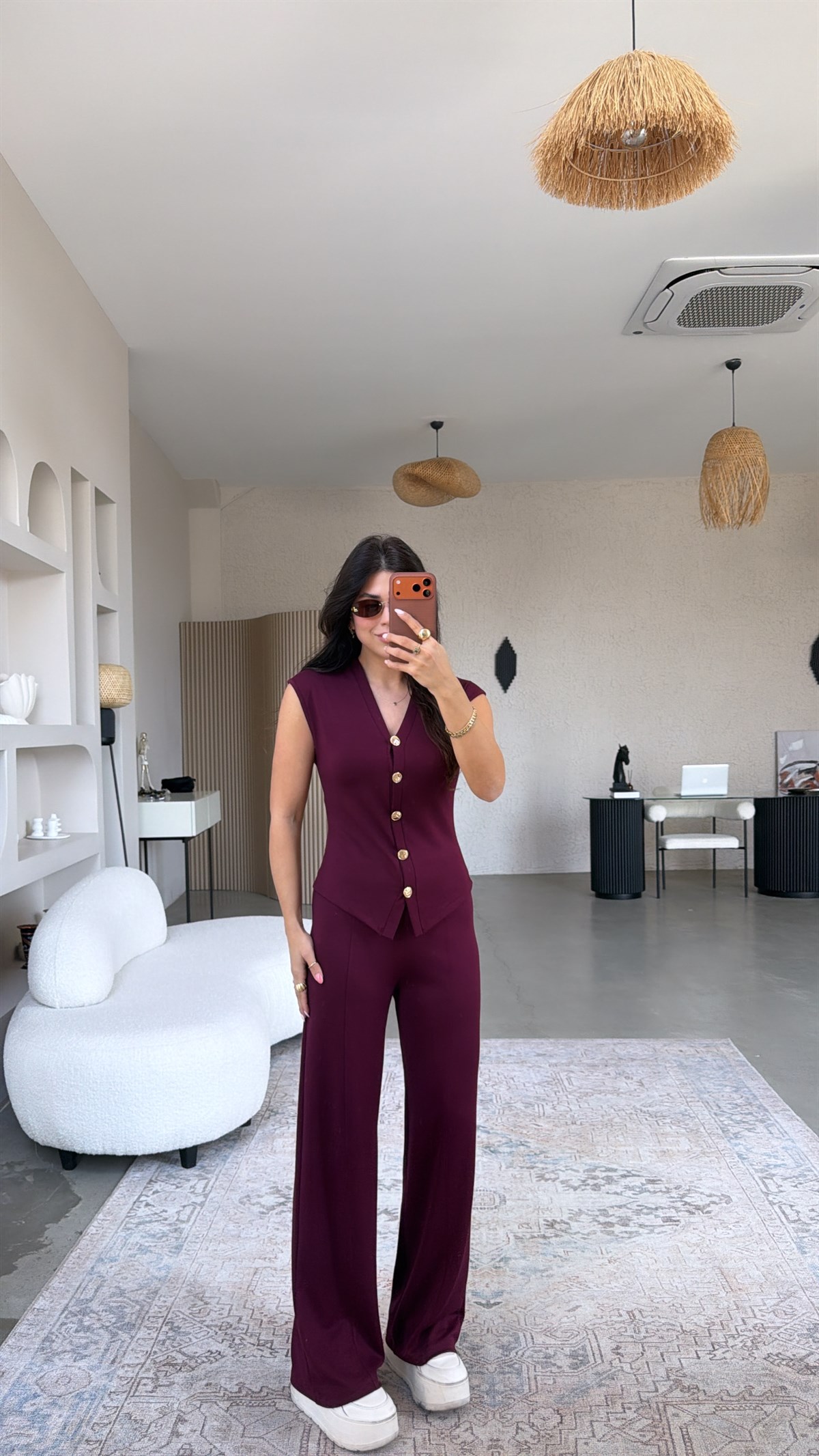 Bordo Modal Gold Düğmeli Yelekli Takım