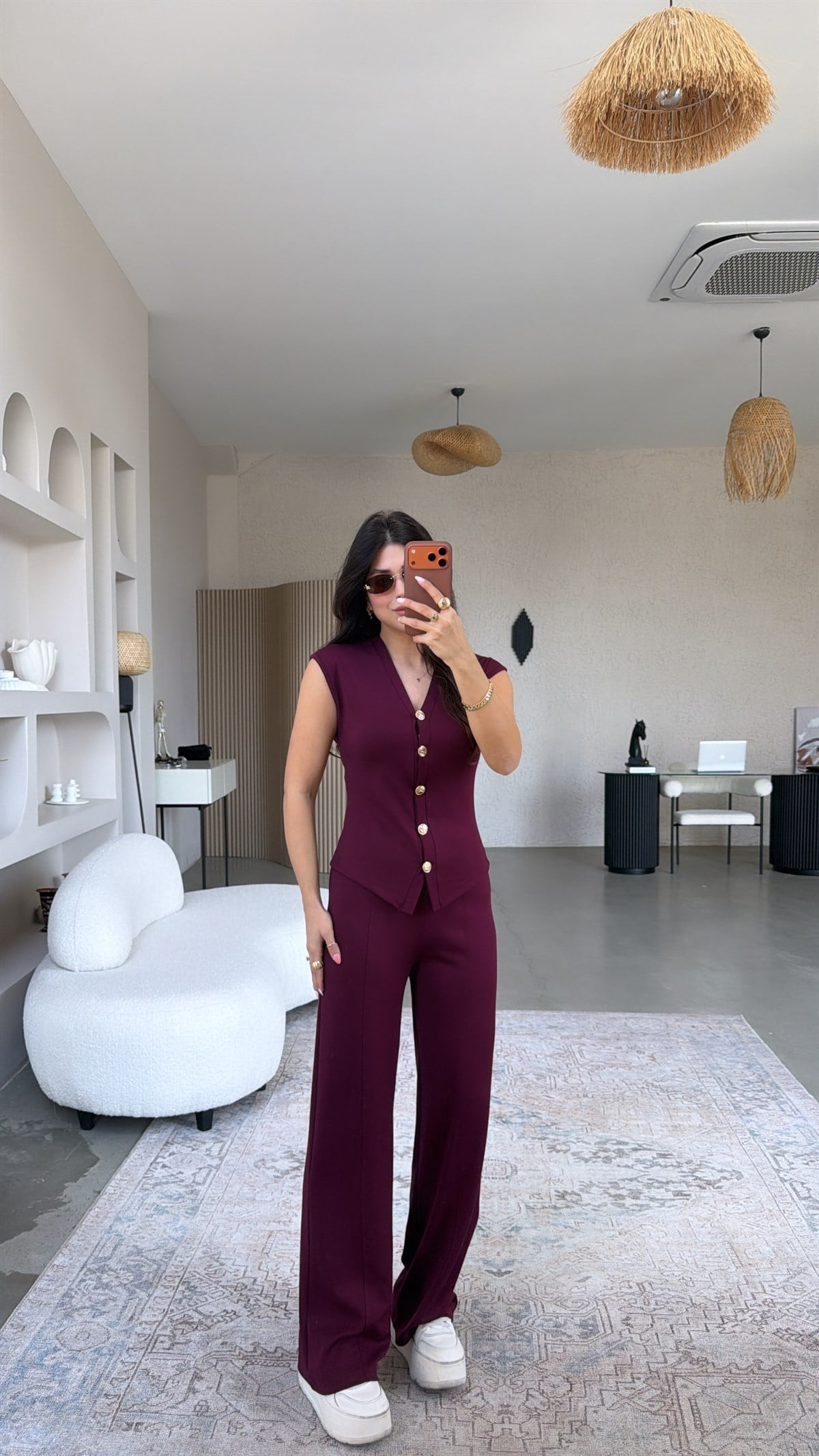 Bordo Modal Gold Düğmeli Yelekli Takım